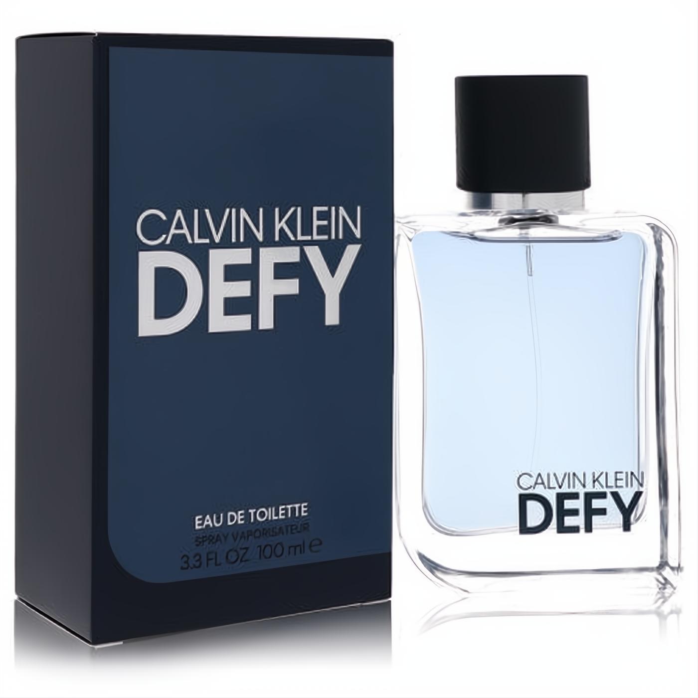 Calvin Klein Defy men's Eau De Toilette 3.3 oz spray. Bold clear glass bottle, black cap, and dark blue box for a spirited aroma.