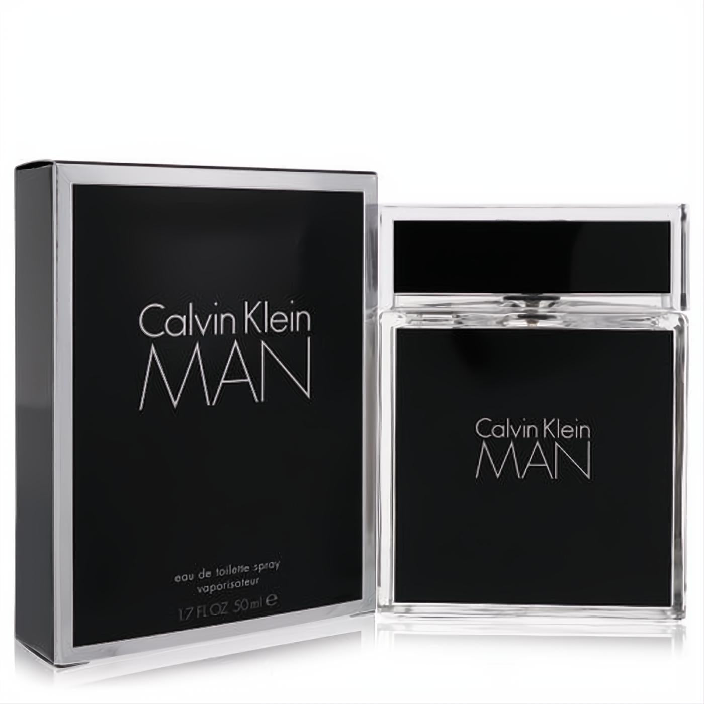 Sophisticated Calvin Klein Man 1.7 oz Eau De Toilette. Modern black glass bottle with a sleek silver-accented box.