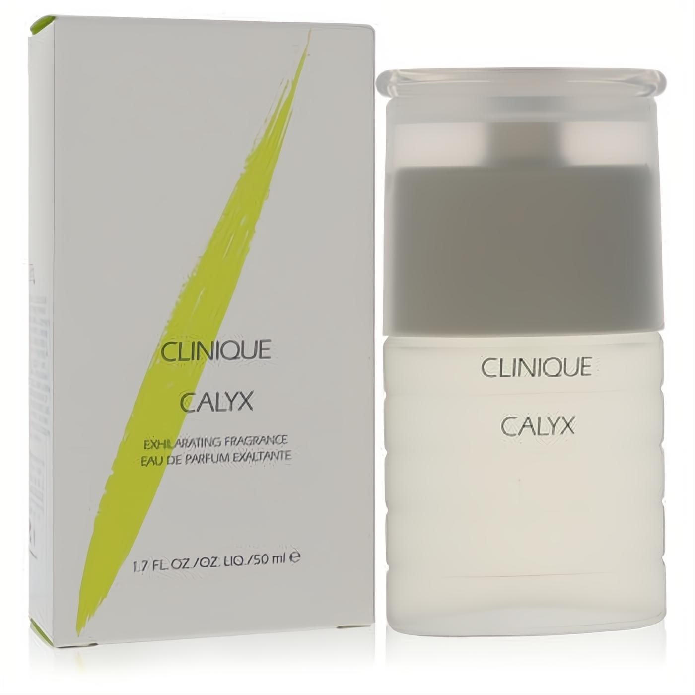 Clinique Calyx 1.7 oz exhilarating fragrance spray. Sleek frosted bottle with gray cap, beside its white box featuring a vibrant green stripe.