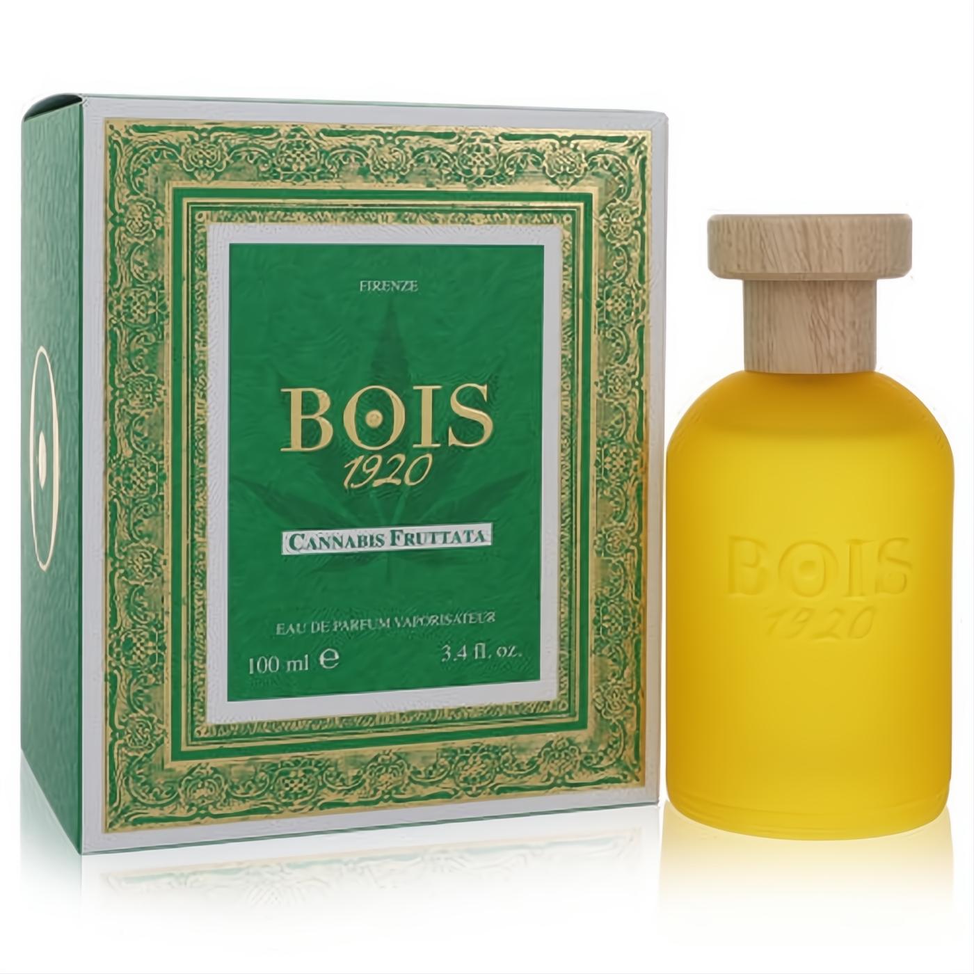 Bois 1920 Cannabis Fruttata 3.4 oz unisex perfume: vibrant yellow bottle, natural wood cap, and luxurious green box.