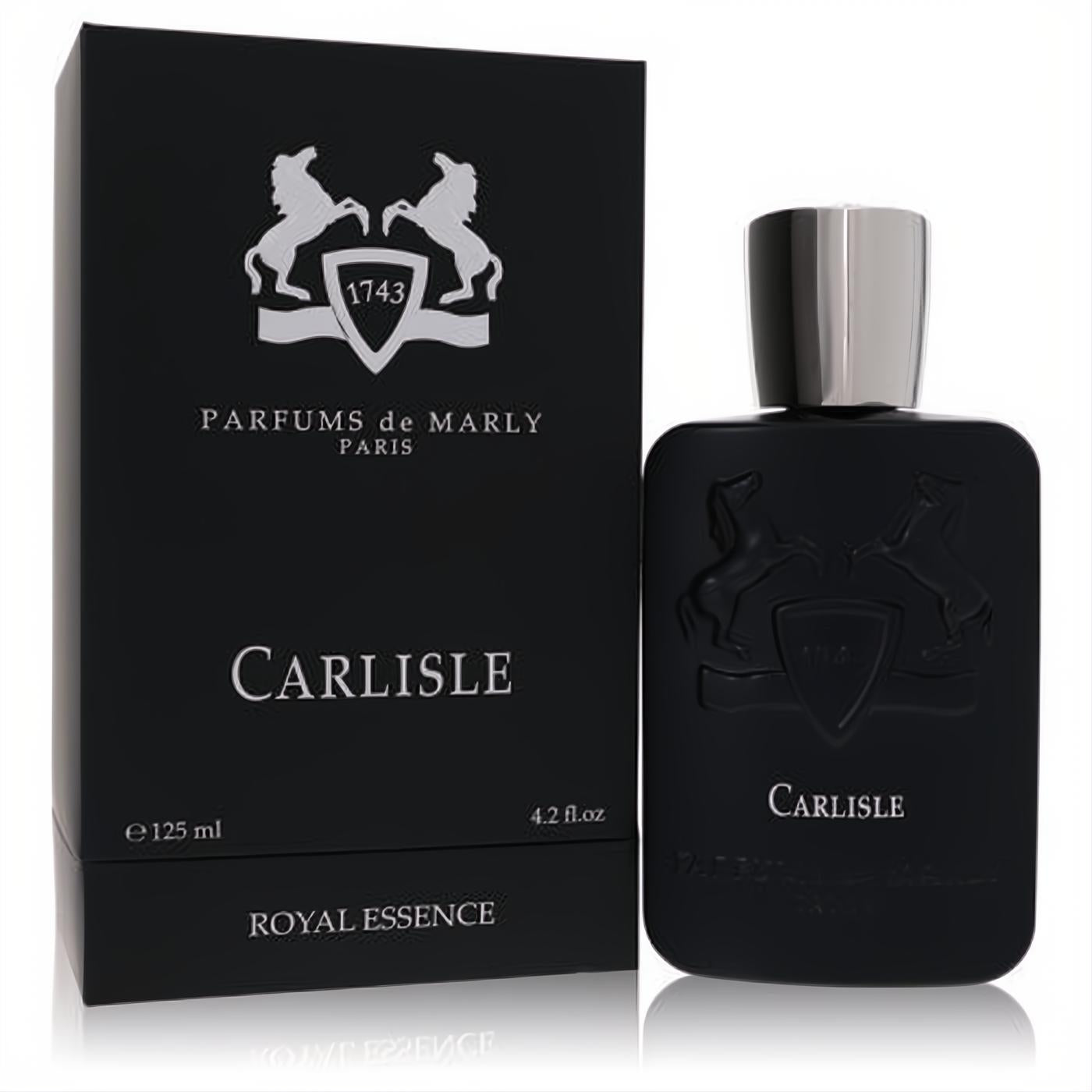 Sophisticated Parfums De Marly Carlisle 4.2 oz unisex EDP fragrance. Matte black bottle with silver cap and embossed crest, next to its elegant box.
