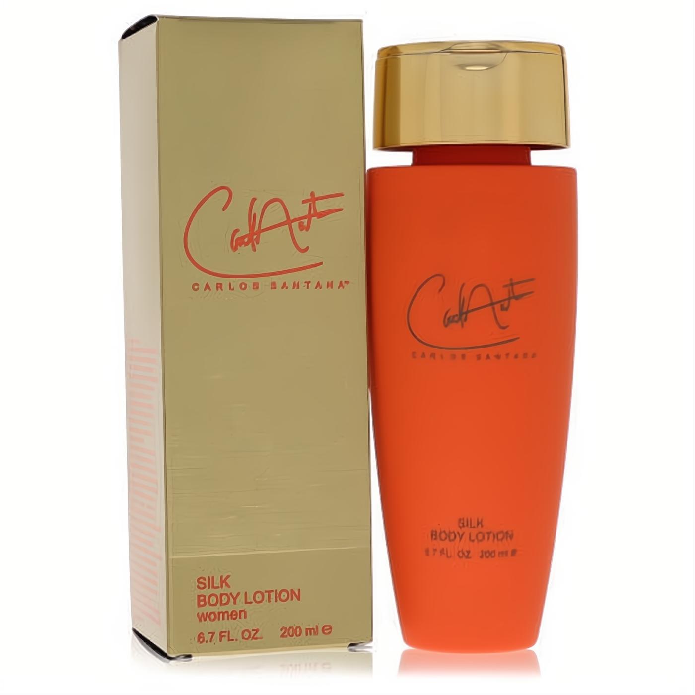 Carlos Santana Silk Body Lotion 6.7 oz: sleek orange bottle with a radiant gold cap, alongside its elegant gold packaging.