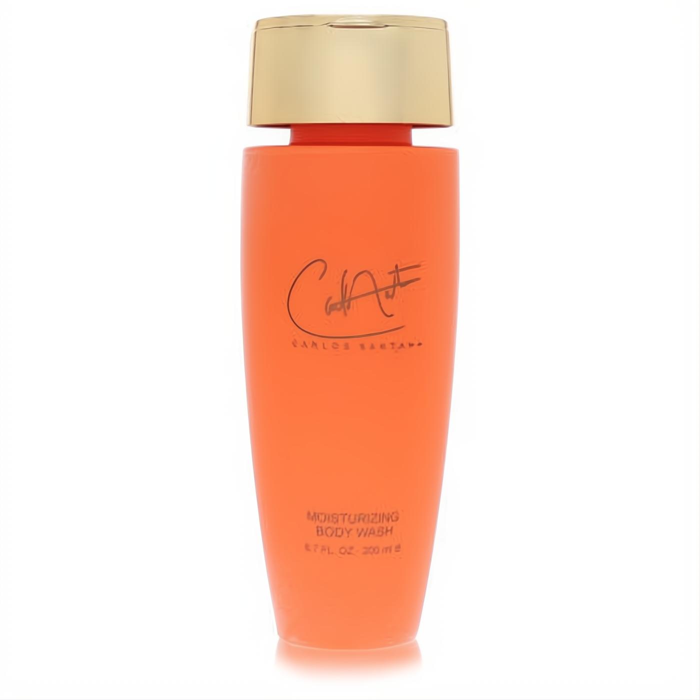 Vibrant orange Carlos Santana 6.7 oz Moisturizing Body Wash, featuring a sleek gold cap and signature logo.