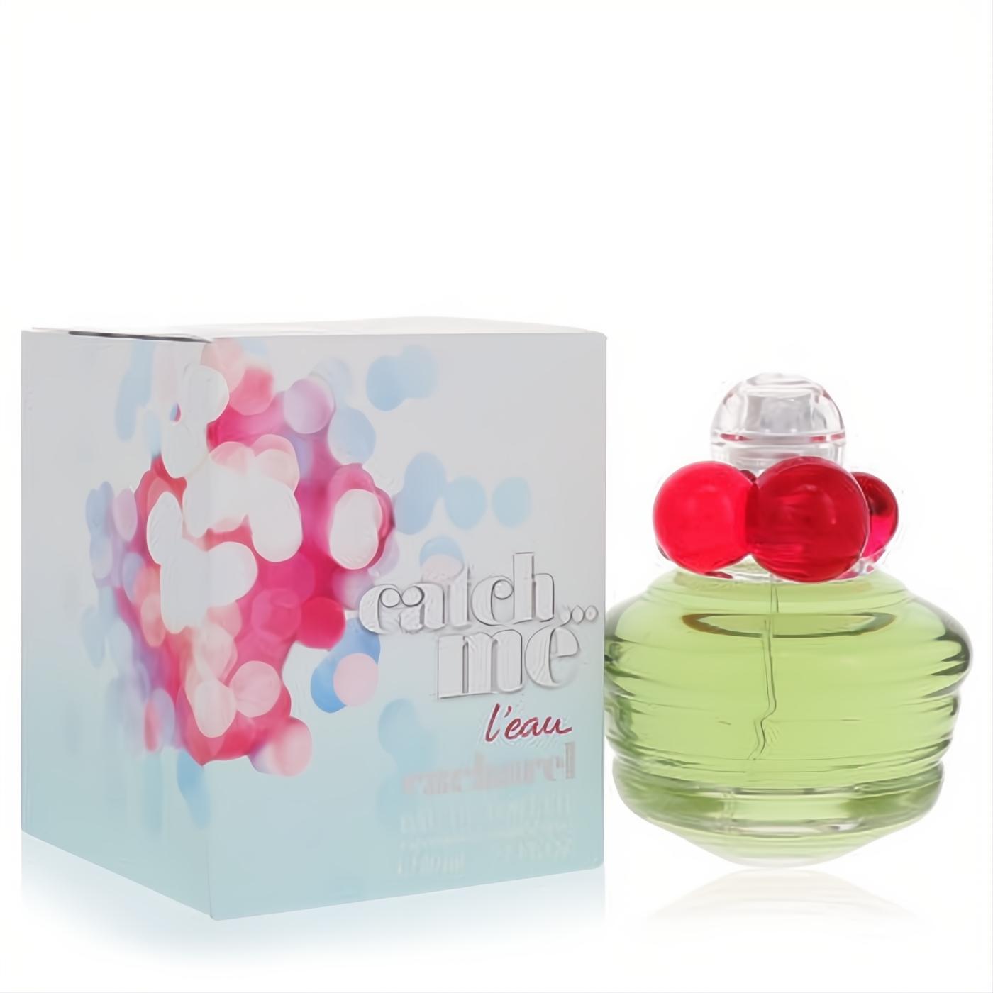 Catch ME L'eau 2.7 oz women's EDT. Charming green glass bottle with playful red baubles, presented with its colorful box.
