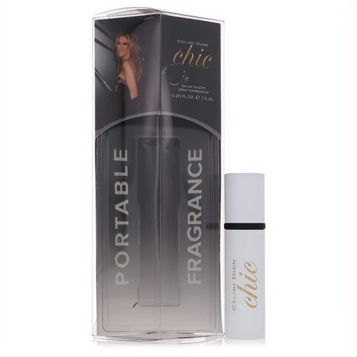 Elegant Celine Dion Chic .25 oz mini EDT spray, white bottle with gold logo, next to its clear, portable fragrance box.
