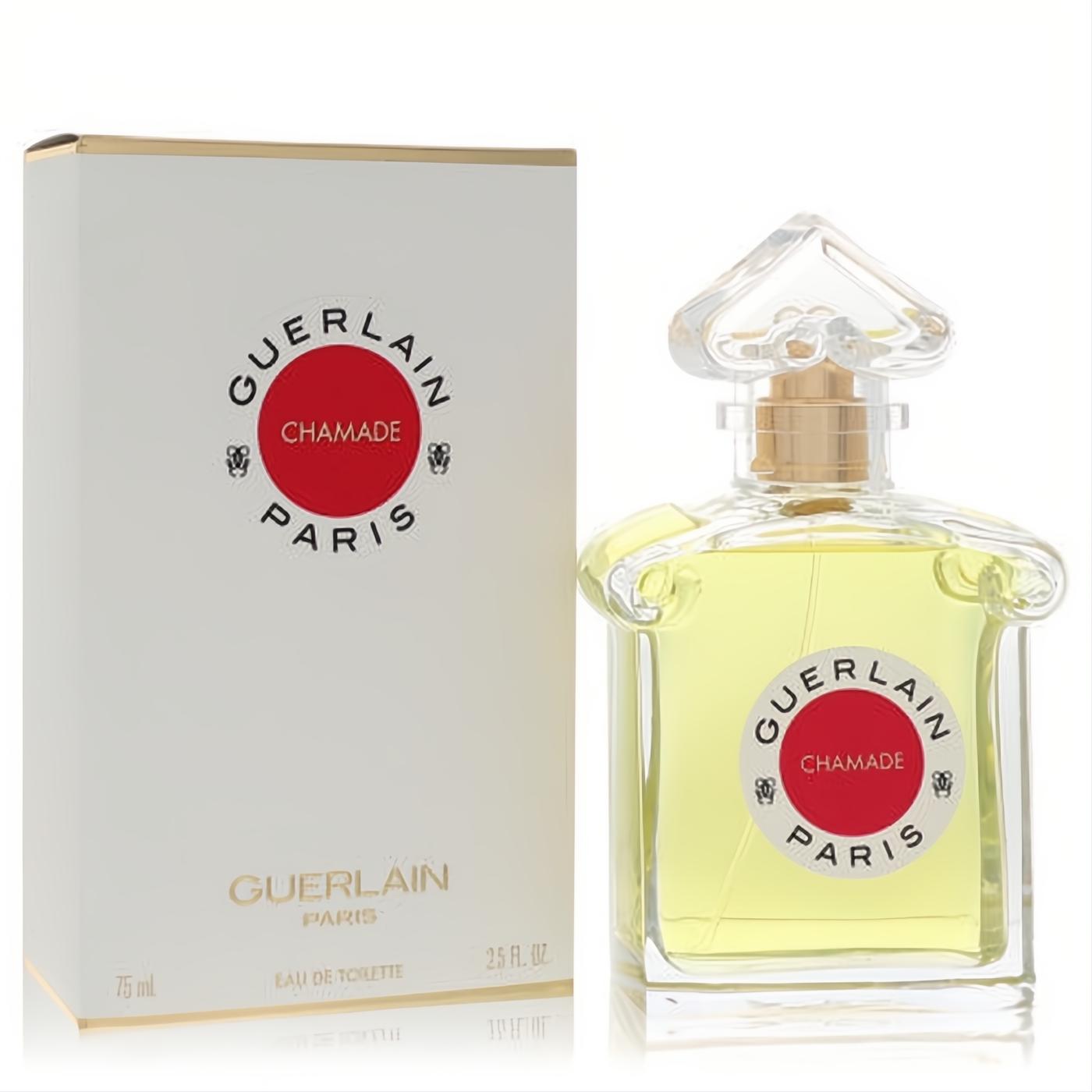Luxurious Guerlain Chamade 2.5 oz EDT spray. Elegant clear glass bottle with gold accents and classic white & gold box.