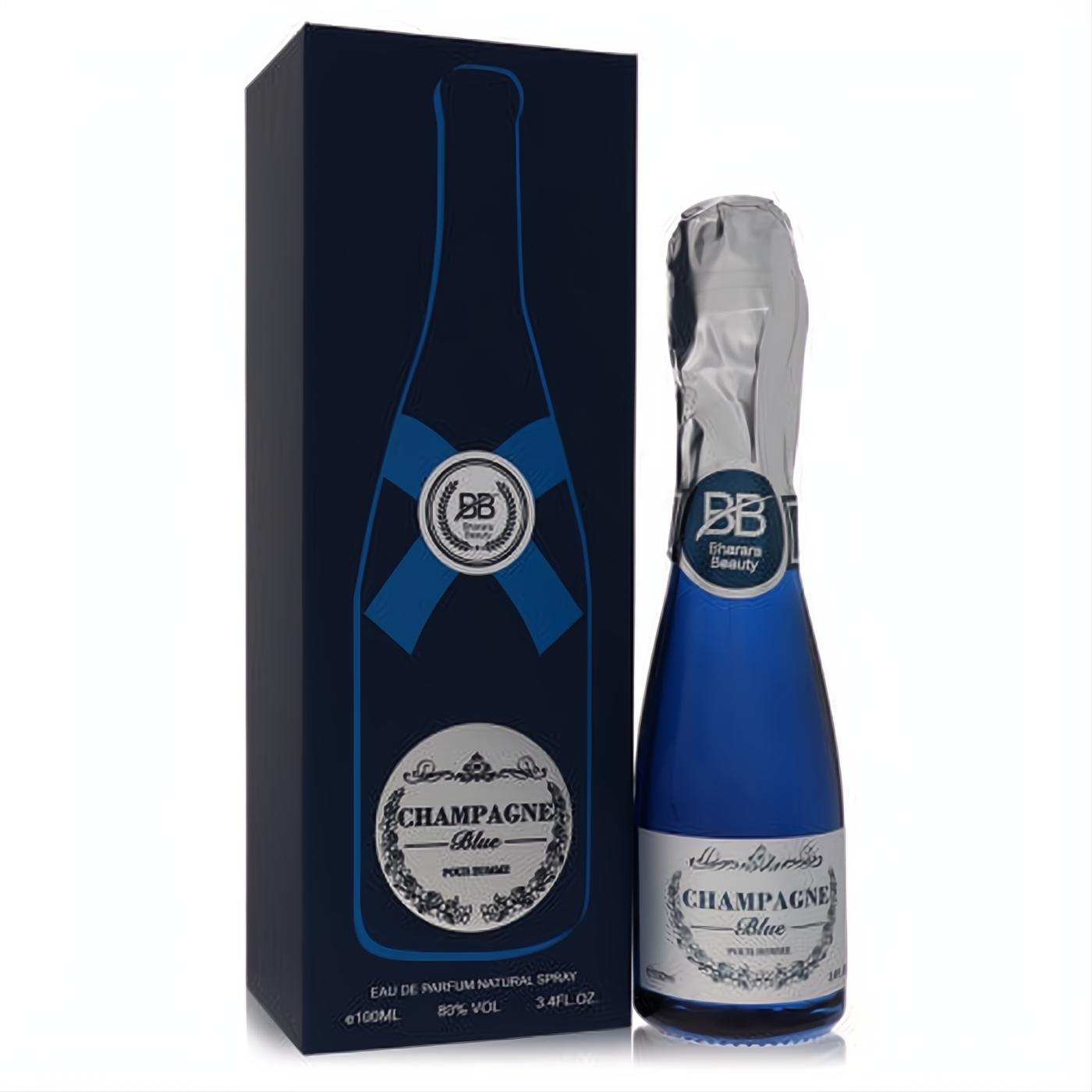 Bharara Beauty Champagne Blue 3.4 oz men's EDP. Striking deep blue champagne-shaped bottle, silver foil cap, and elegant matching box.