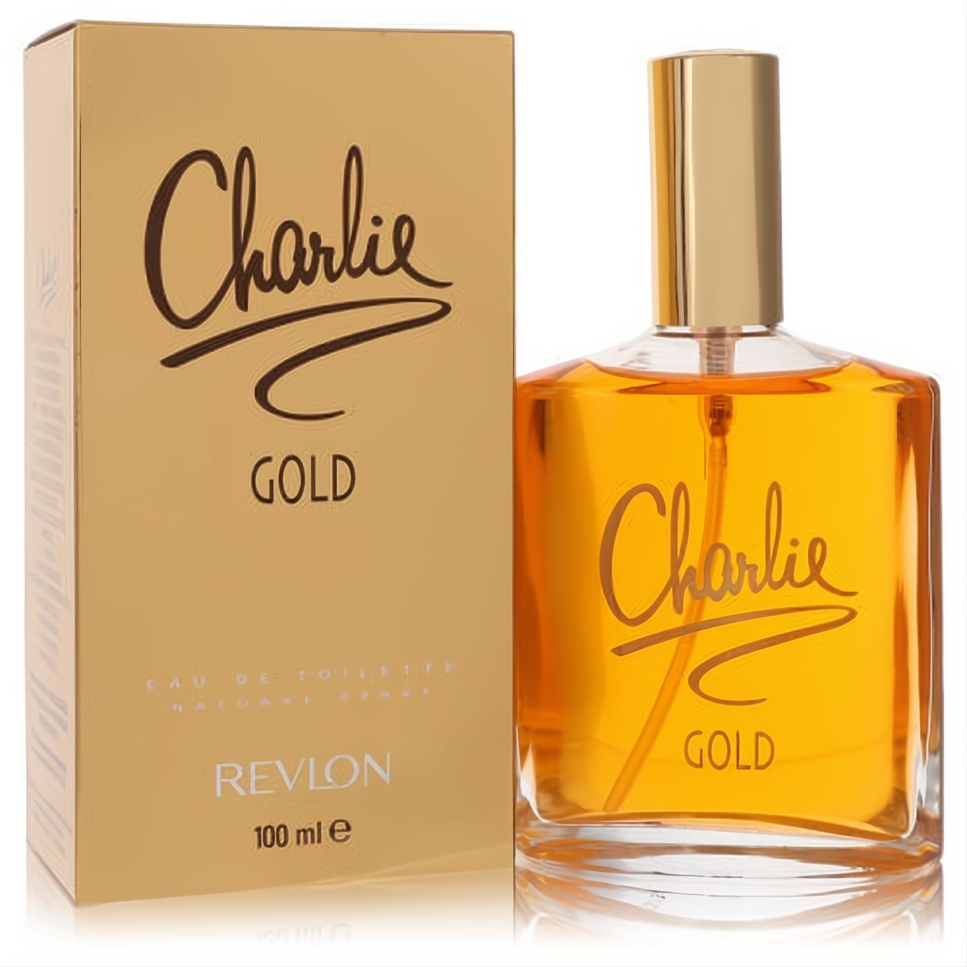 Revlon Charlie Gold 100ml Eau De Toilette spray. Golden fragrance in a clear glass bottle with a gold cap, next to its elegant gold box.