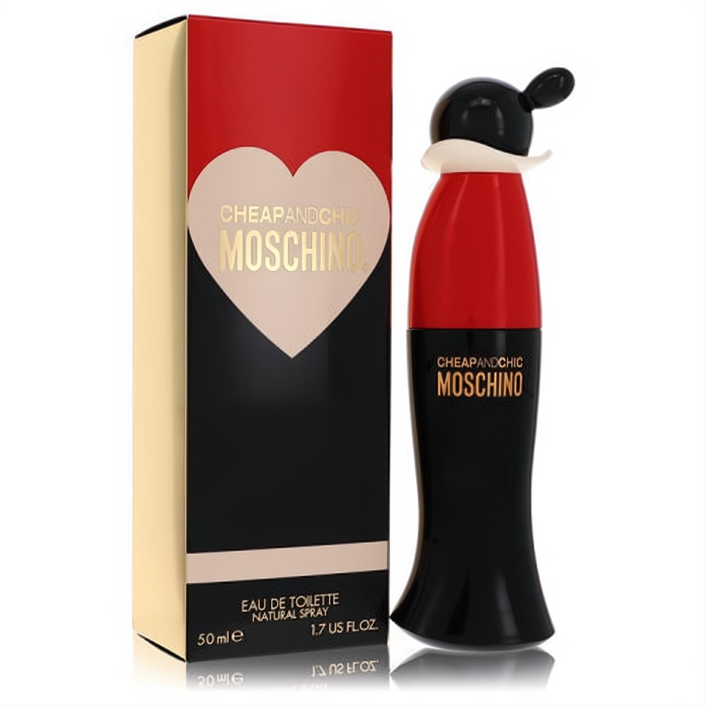 Chic Moschino Cheap & Chic 1.7 oz EDT. Distinctive black and red Olive Oyl-inspired bottle and elegant gold heart box.
