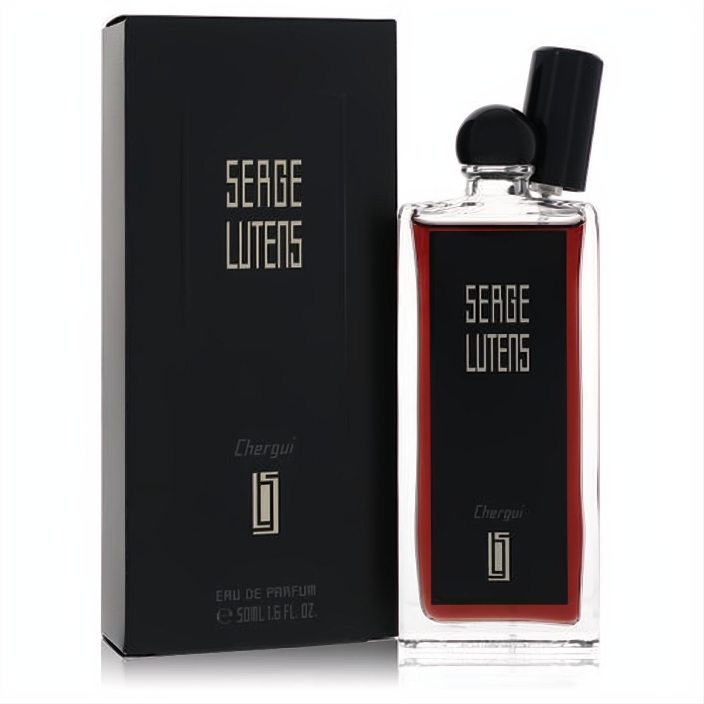 Elegant Serge Lutens Chergui unisex Eau De Parfum 1.69 oz spray. Clear glass bottle with rich amber liquid and sleek black box.