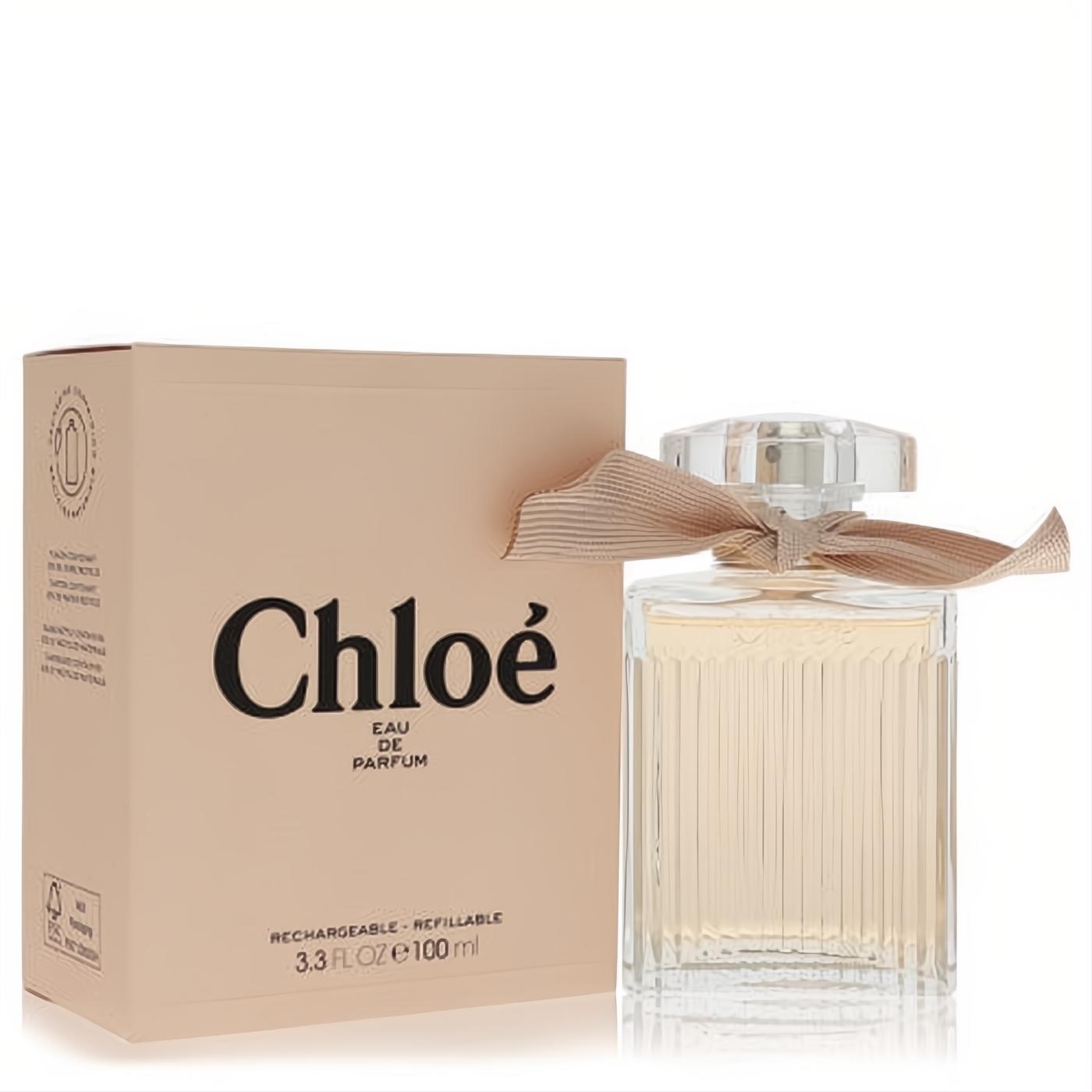 Luxurious Chloe Eau De Parfum 3.3 oz refillable spray. Elegant ribbed glass bottle with a chic beige ribbon and peach box.