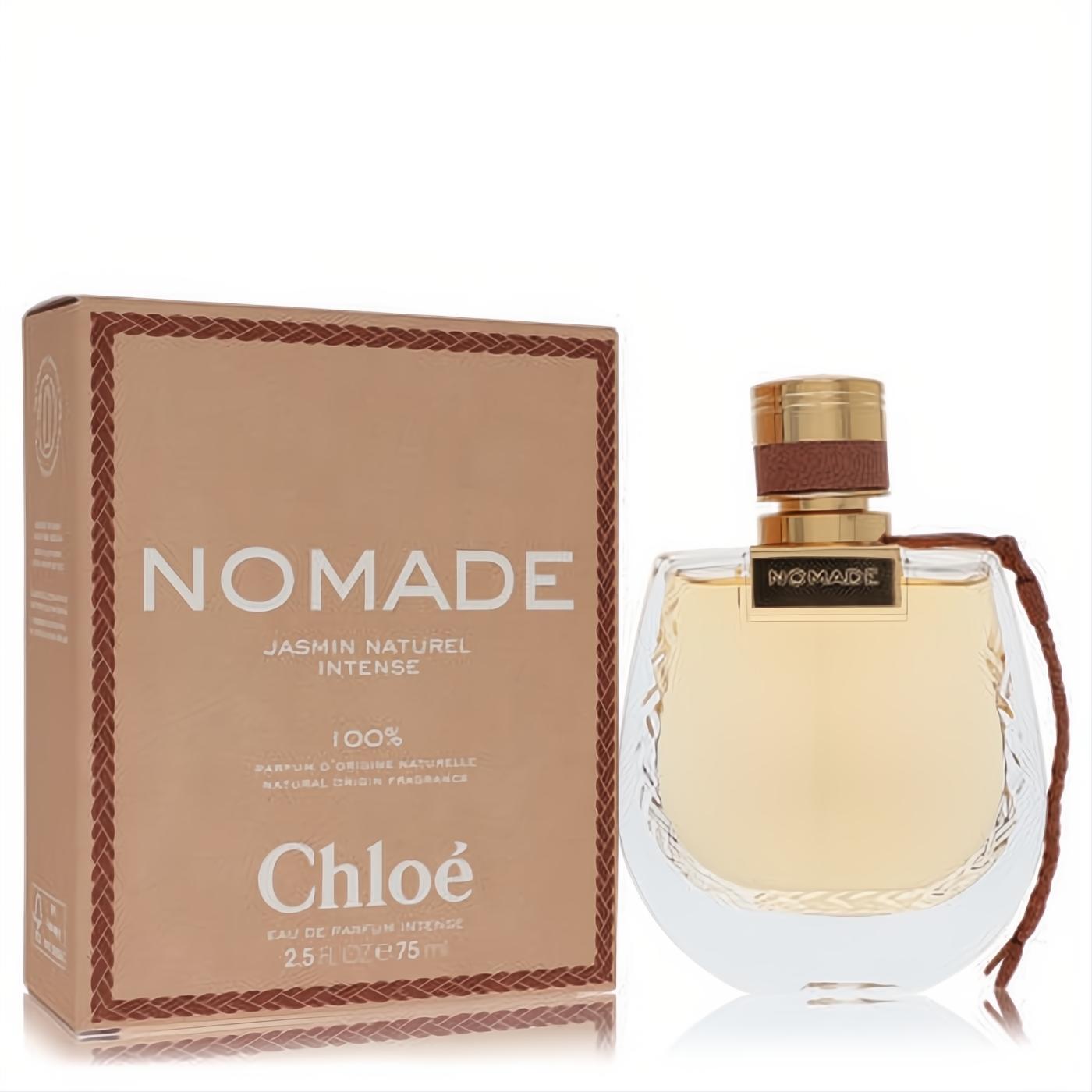 Chloe Nomade Jasmin Naturel Intense 2.5 oz EDP. Luxurious clear glass bottle with gold cap, brown leather detail, and stylish braided tan box.