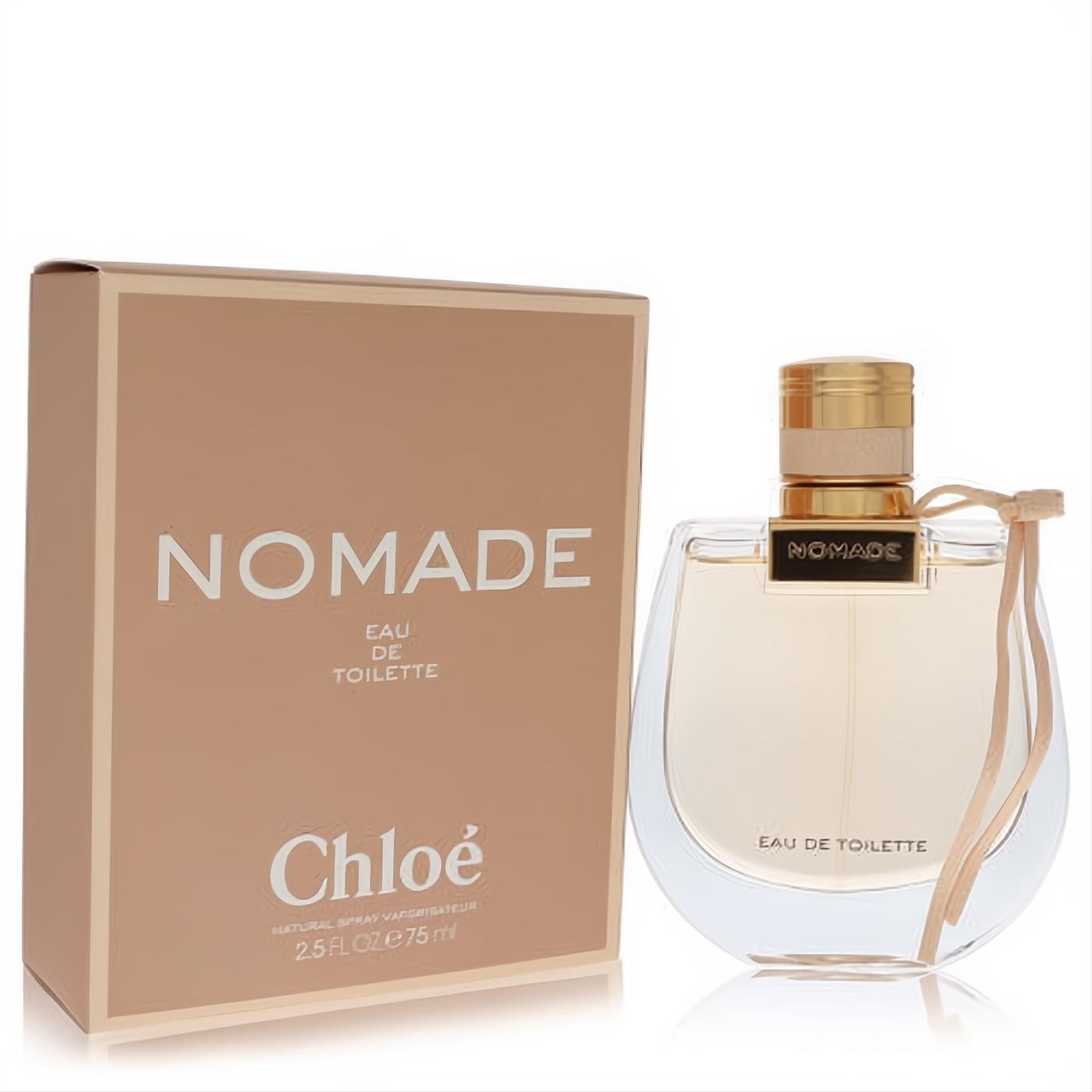 Chloe Nomade 2.5 oz EDT: Feminine curved glass bottle, gold cap, beige leather ribbon, and elegant matching box.