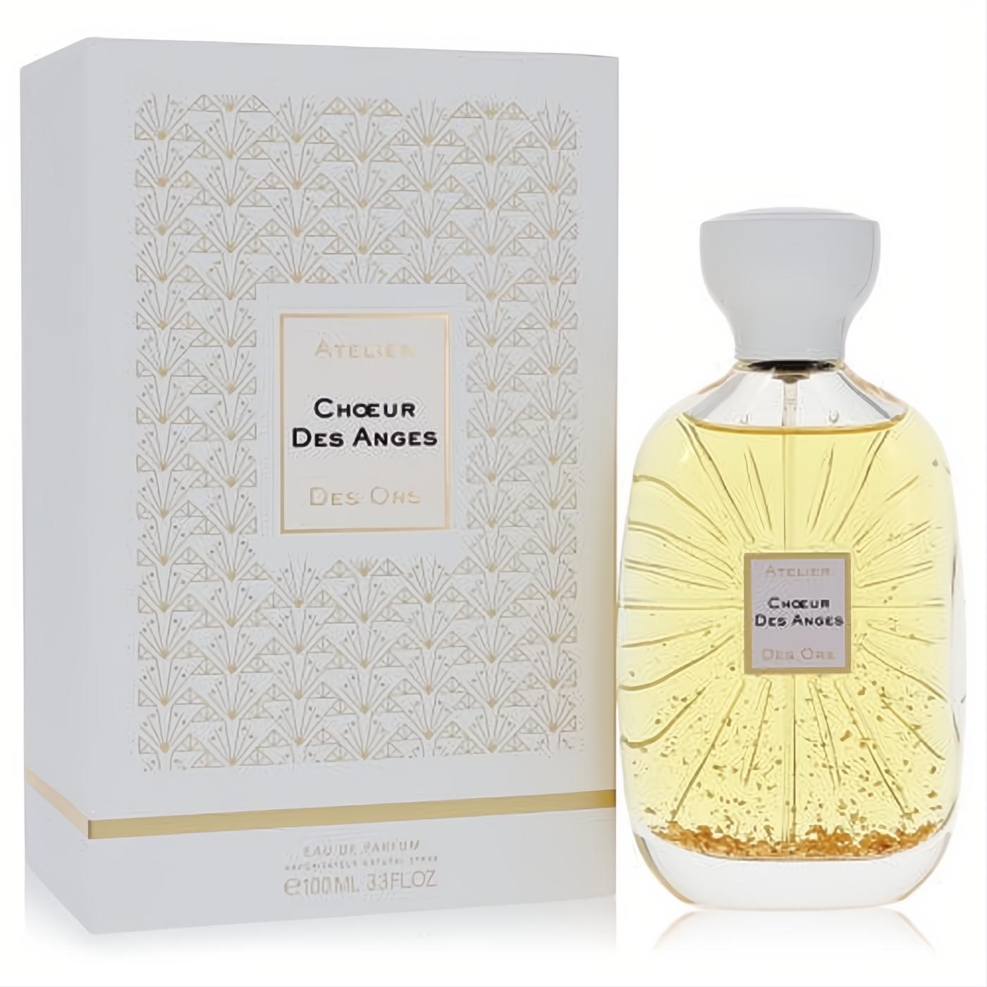 Stunning Atelier Des Ors Choeur Des Anges 3.3 oz EDP. Clear bottle with radiant gold liquid, flakes, and white cap. Elegant white box with gold art deco pattern.