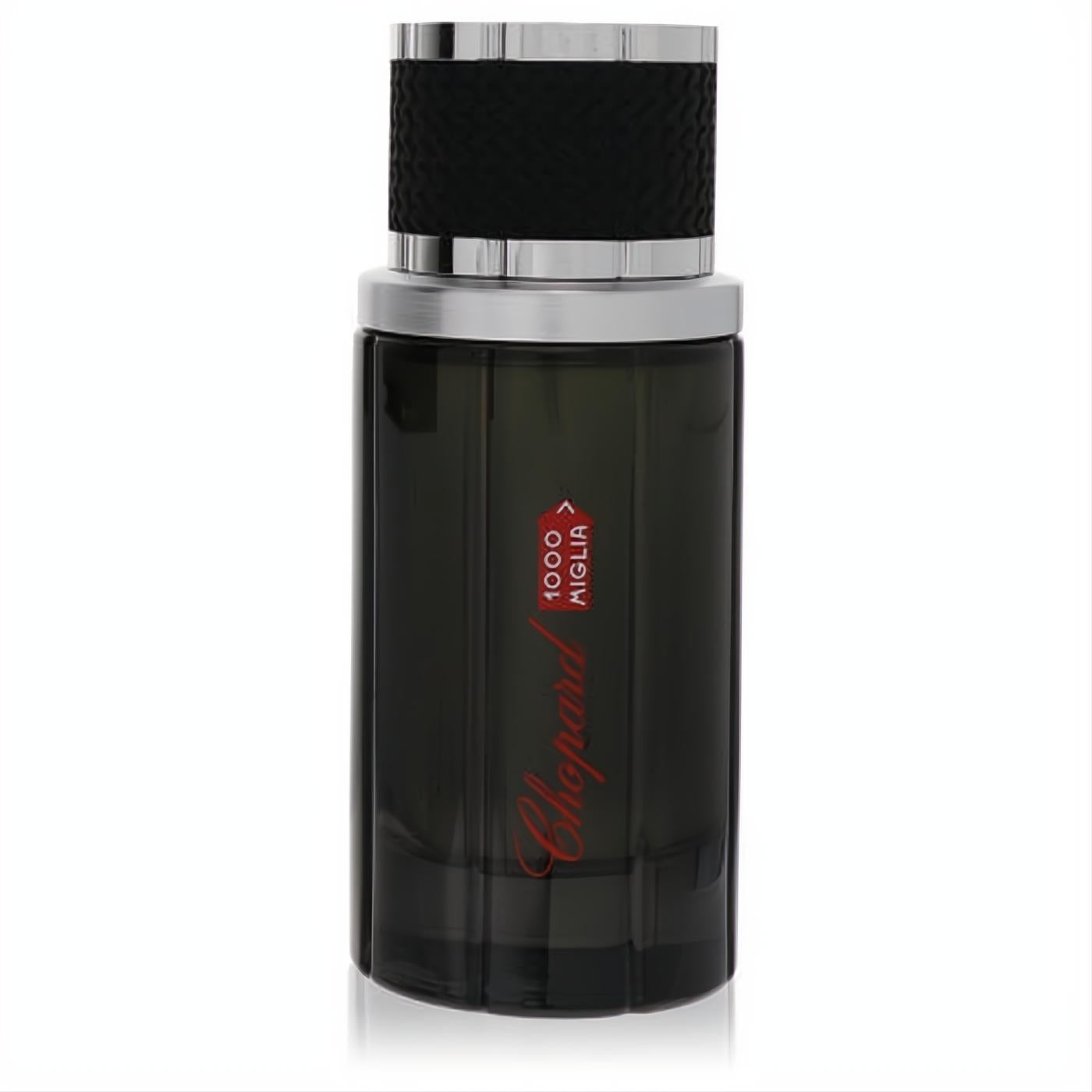 Chopard 1000 Miglia men's Eau de Toilette. Sleek dark glass bottle with bold red branding and a sophisticated silver and black textured cap.
