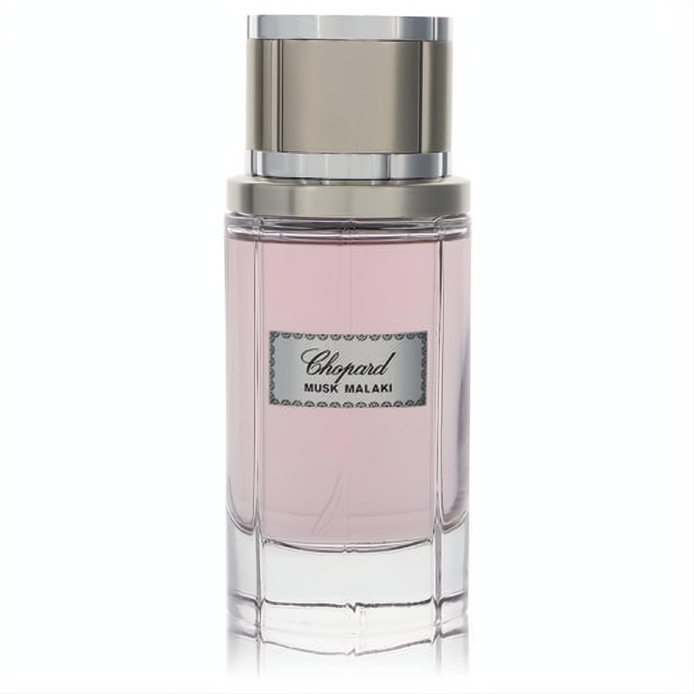 Discover Chopard Musk Malaki unisex Eau de Parfum. Elegant clear glass bottle with pale pink fragrance and sleek silver cap.