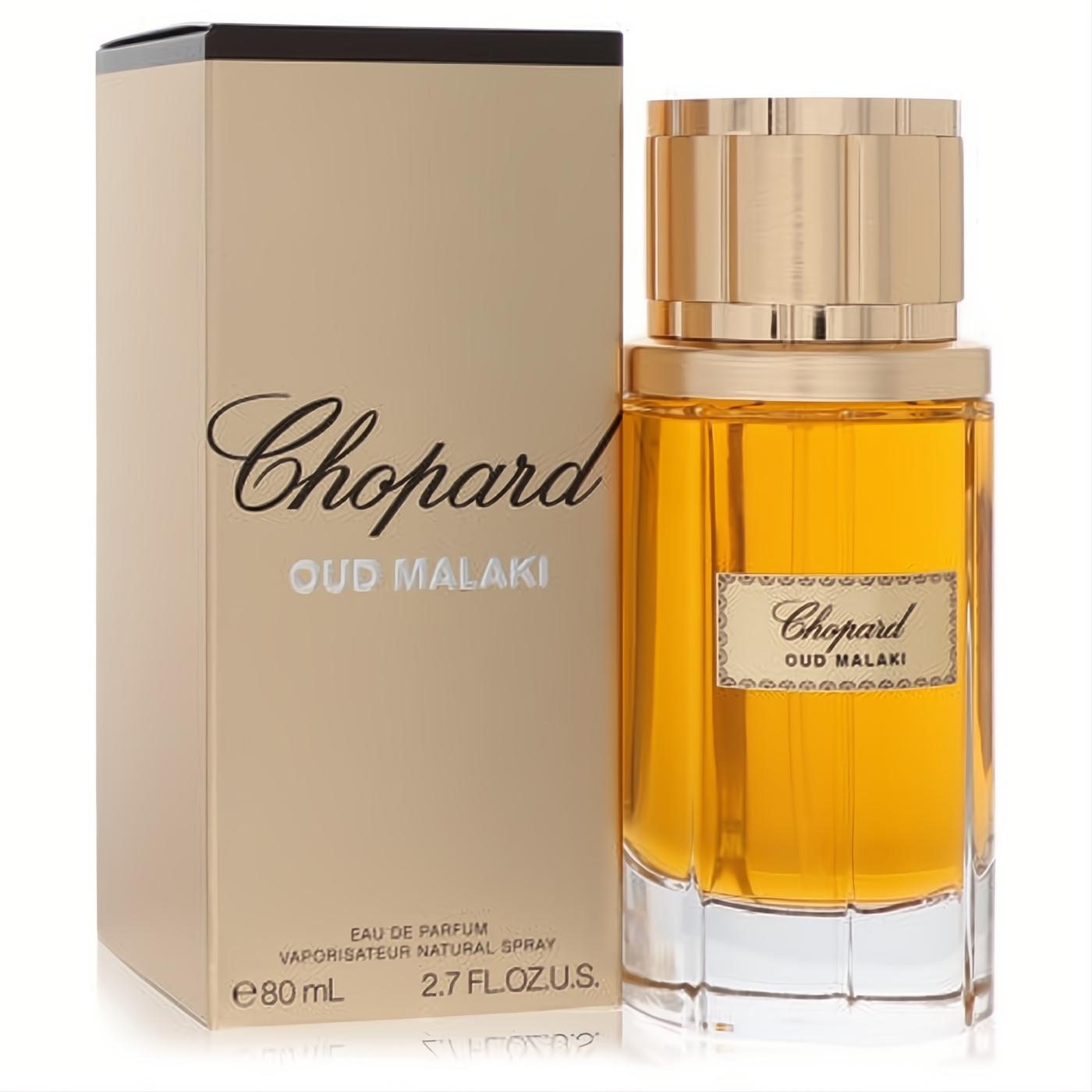 Chopard Oud Malaki 2.7 oz EDP. Luxurious amber fragrance in an elegant glass bottle with a gold cap and matching gold box.