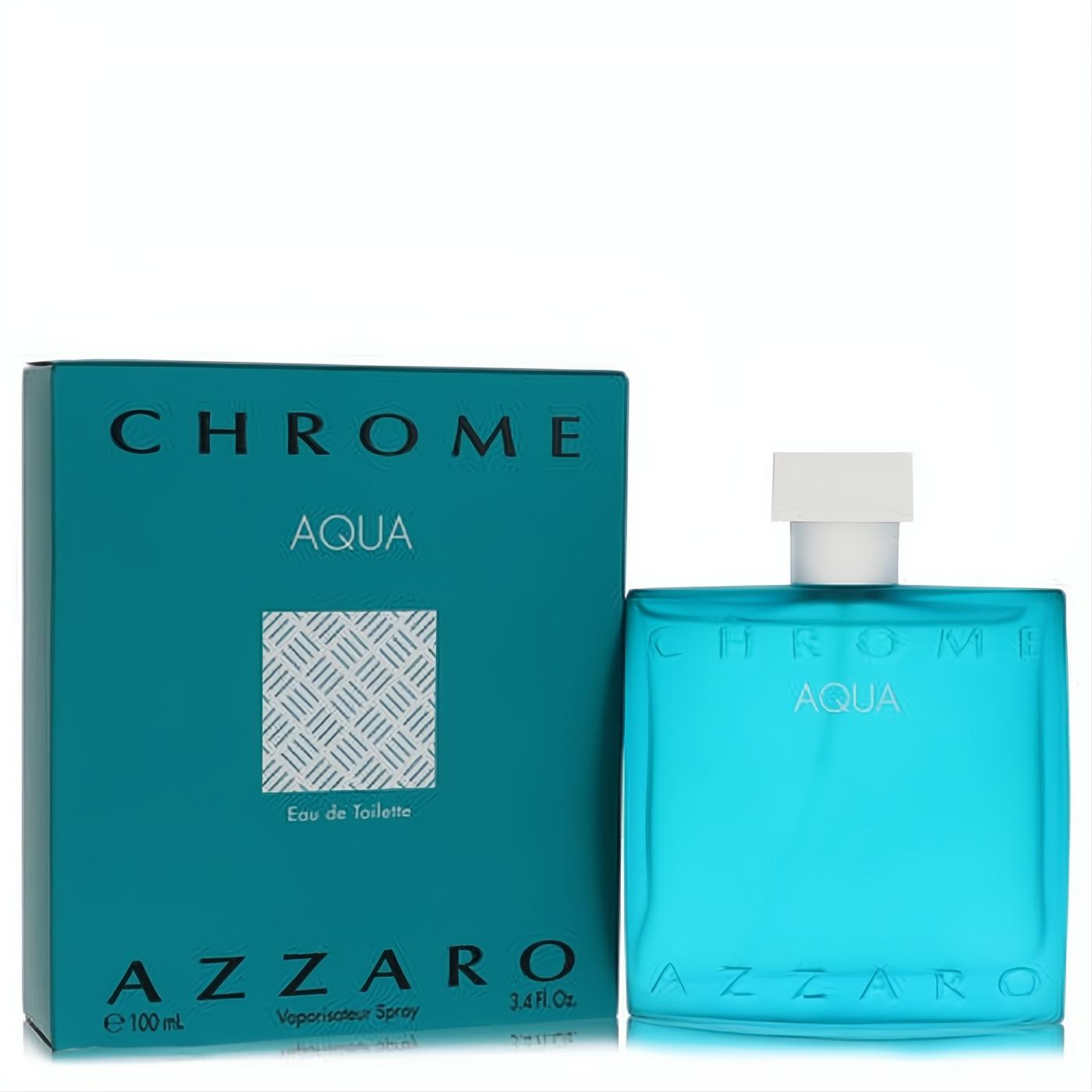 Vibrant Azzaro Chrome Aqua 3.4 oz men's cologne in a sleek aqua blue bottle, paired with its matching textured box.