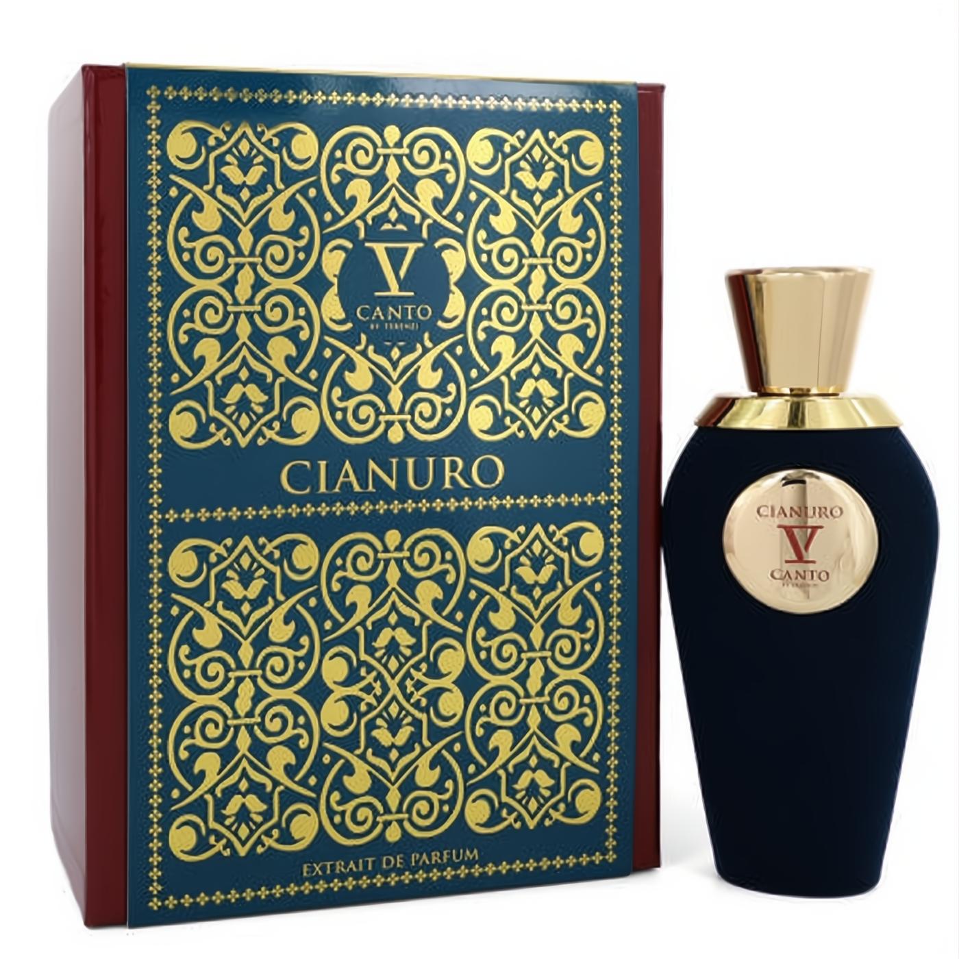Elegant Cianuro V Canto Extrait De Parfum. Deep blue bottle, gold cap, and ornate gold-patterned box with burgundy sides.