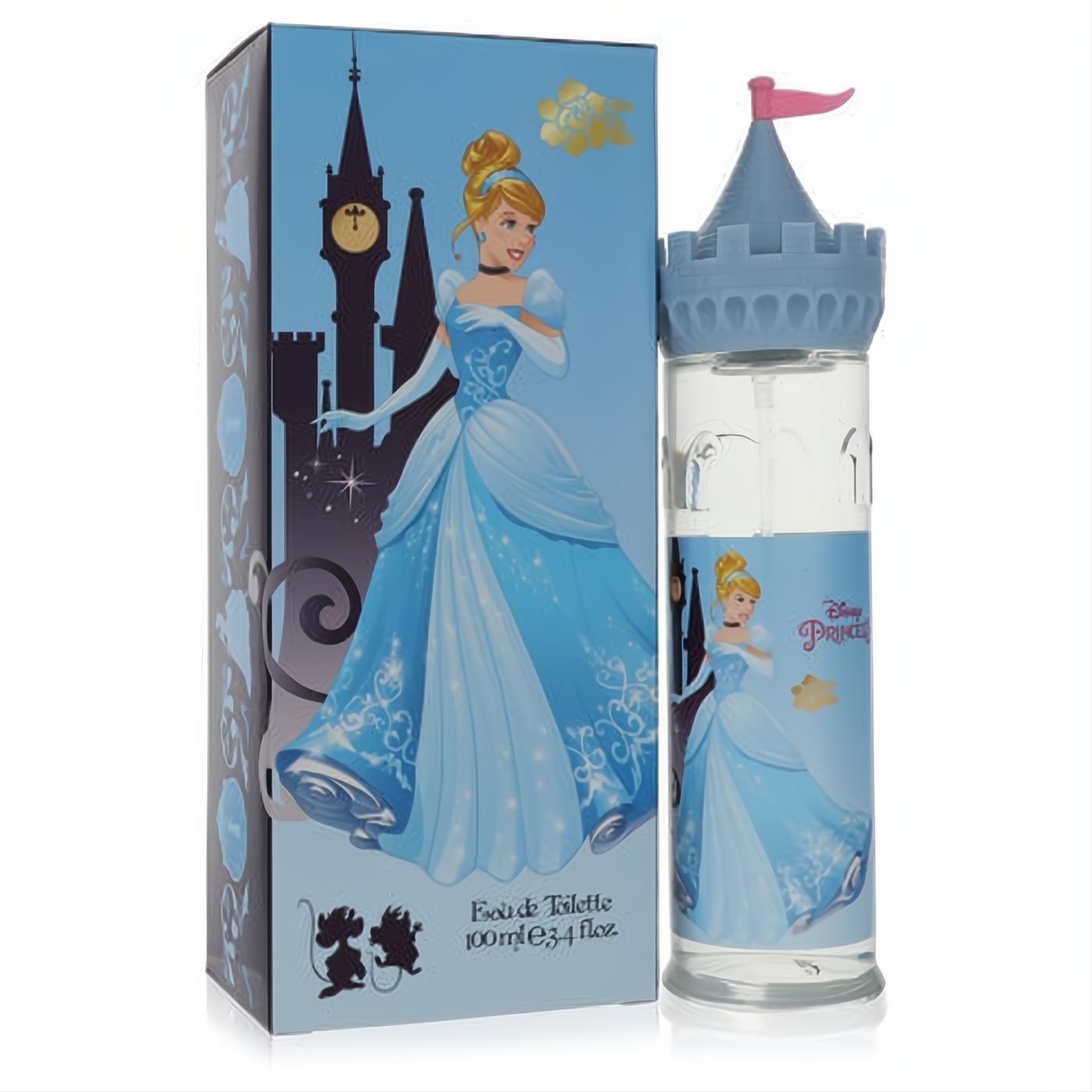 Sparkling Cinderella Disney Eau de Toilette, 3.4 oz. Blue castle tower bottle & box with Cinderella in her iconic gown.