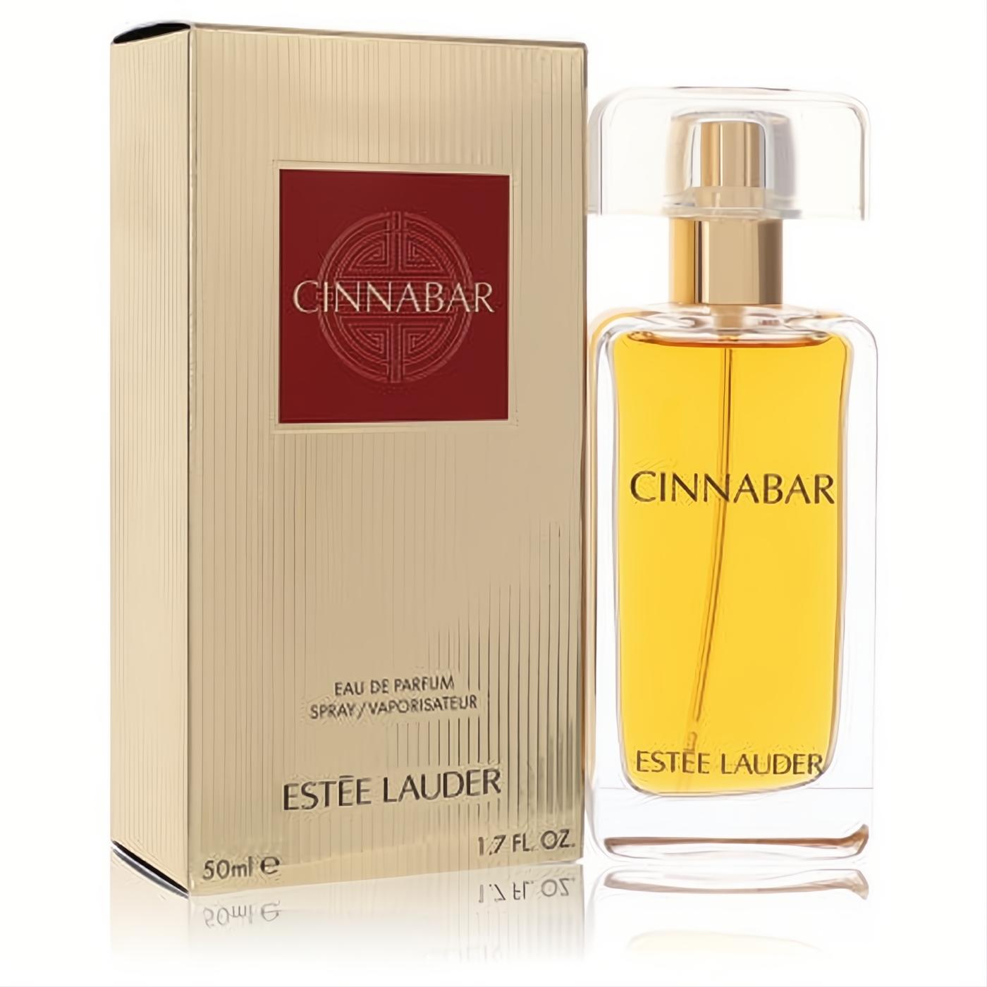 Estée Lauder Cinnabar 1.7 oz EDP. Elegant clear glass bottle with gold cap, rich amber liquid, and luxurious gold ribbed box.