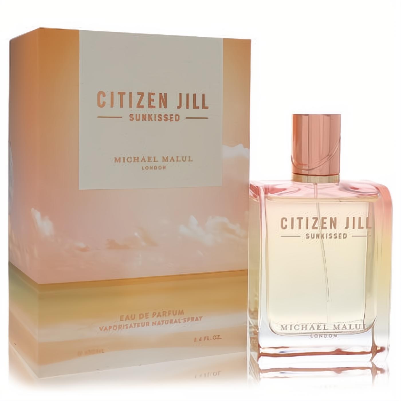 Citizen Jill Sunkissed 3.4 oz EDP. Clear bottle glows with sunset hues, elegant rose gold cap and box.