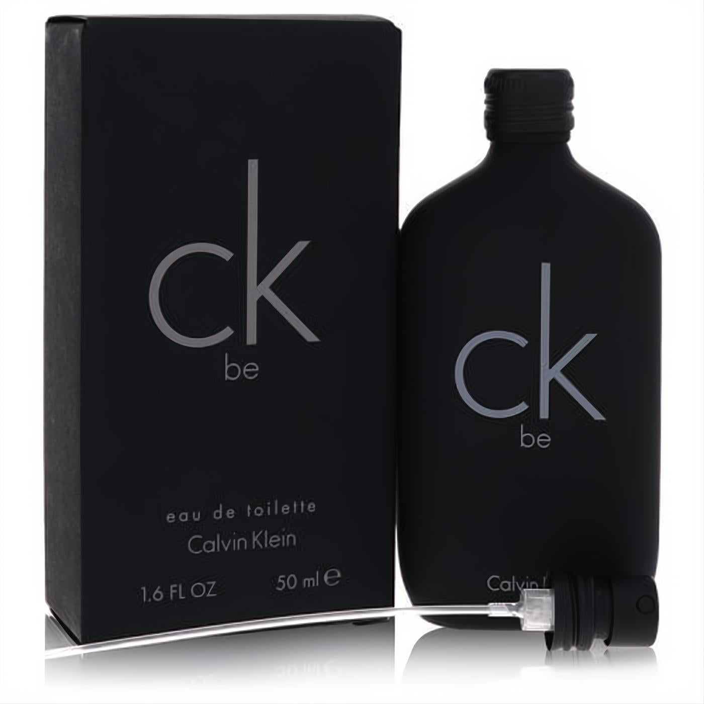 Iconic Calvin Klein CK Be unisex Eau de Toilette 1.6 oz spray. Sleek matte black bottle and box with signature 'ck be' logo.