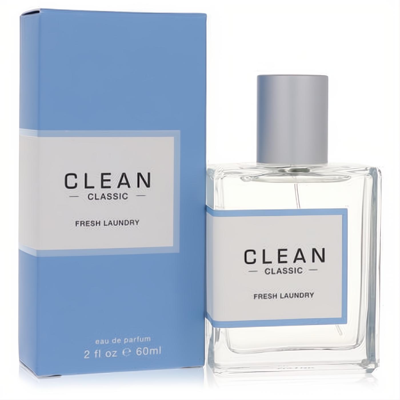 Clean Fresh Laundry Eau De Parfum 2 fl oz. Elegant clear glass spray bottle with silver cap and crisp light blue box.