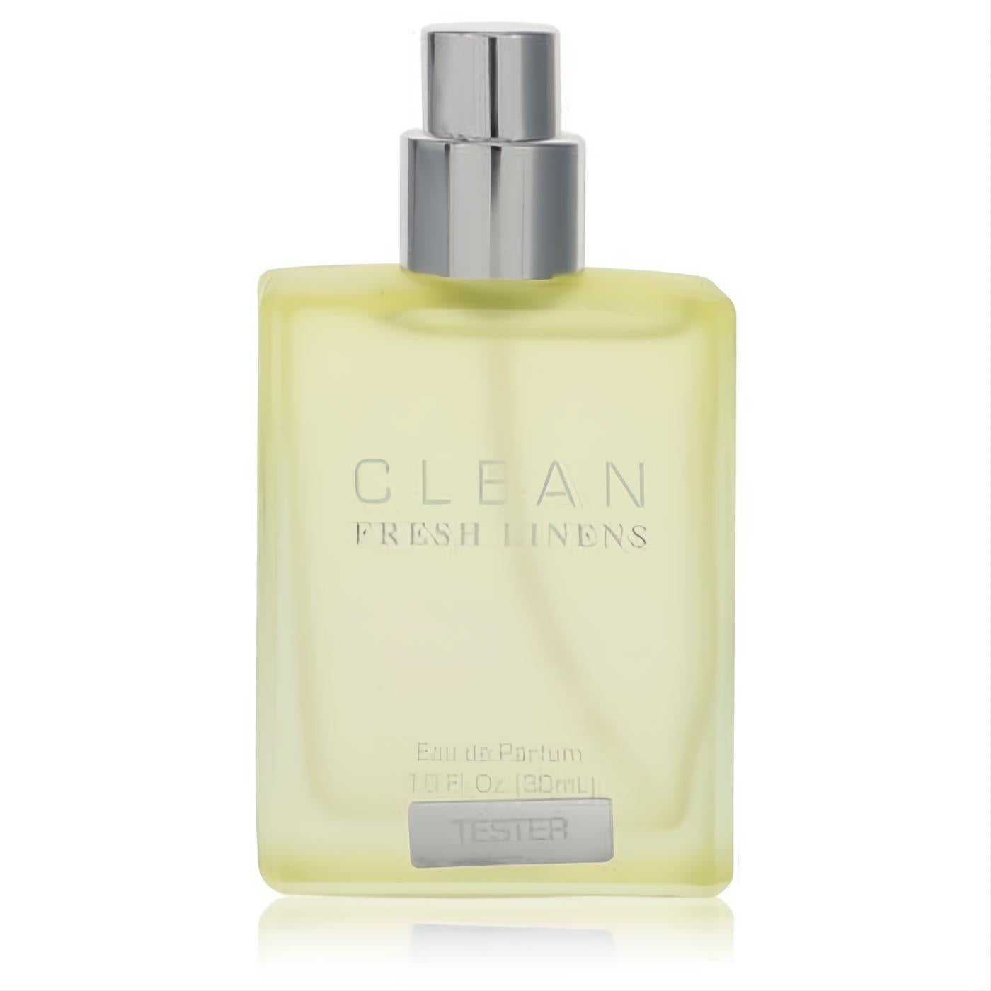 Clean Fresh Linens 1 oz unisex tester EDP. Clear rectangular bottle with pale yellow fragrance, sleek silver spray cap.