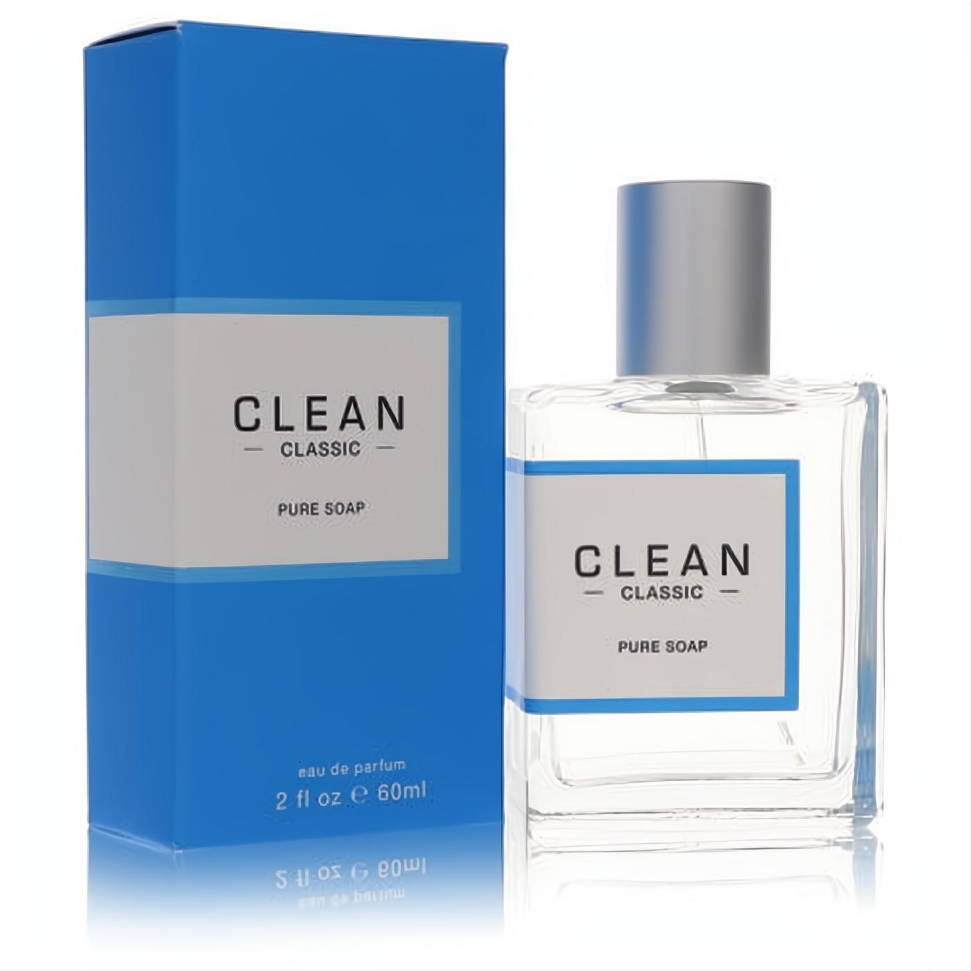 Elegant Clean Classic Pure Soap 2 oz unisex eau de parfum. Clear glass bottle with sleek silver cap and vibrant blue box.