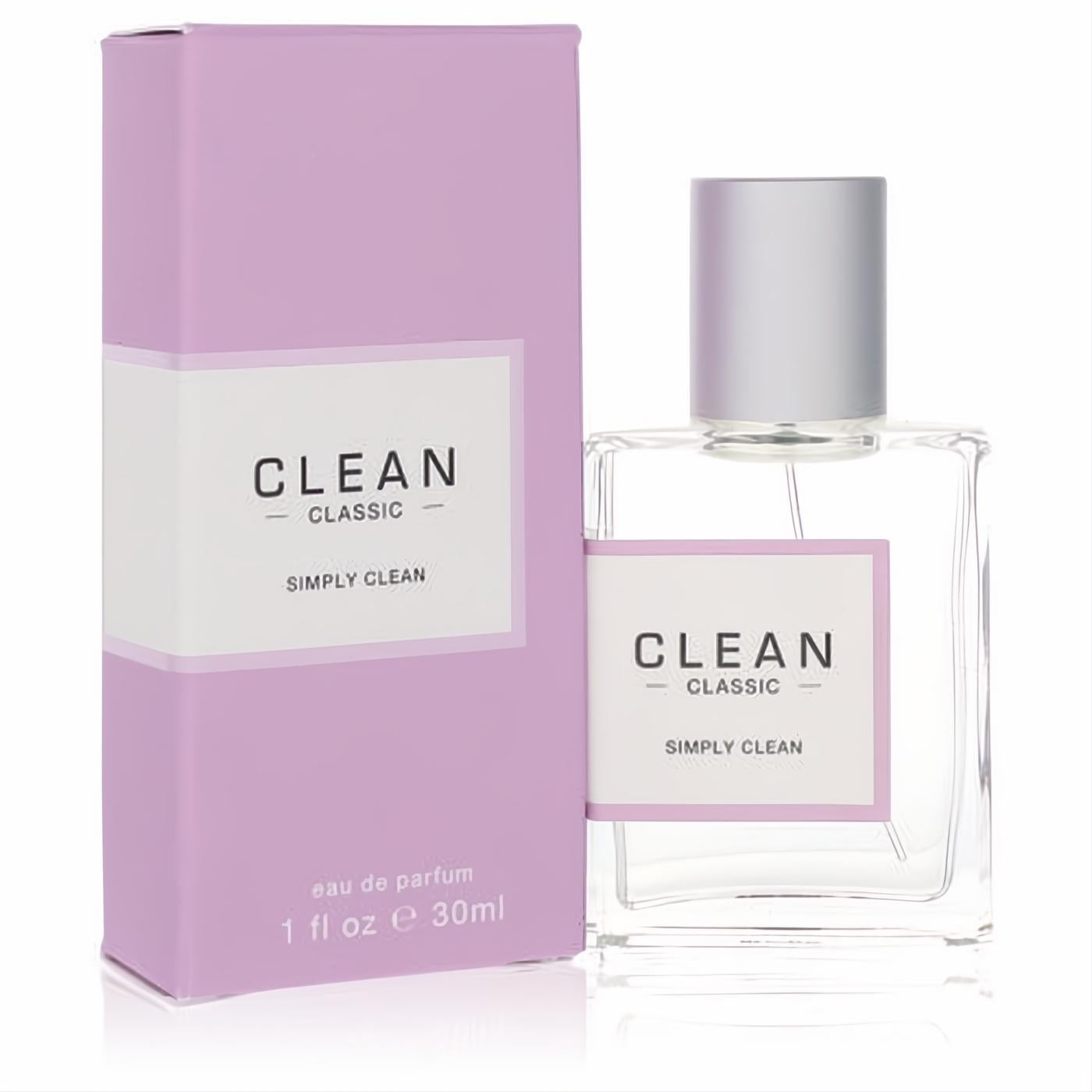 Clean Classic Simply Clean 1 oz unisex EDP spray. Clear glass bottle with silver cap and elegant lavender box.