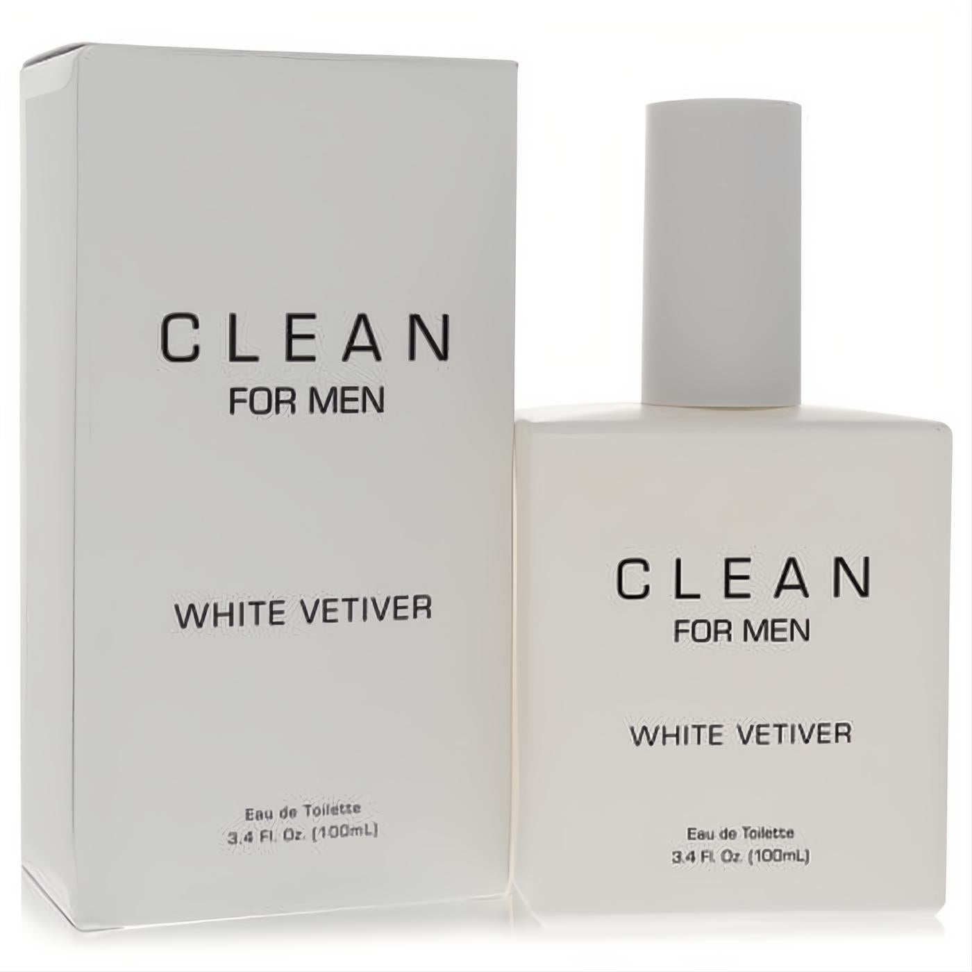 Clean White Vetiver for Men 3.4 oz Eau de Toilette. Crisp, modern white bottle and box for this men's fragrance.