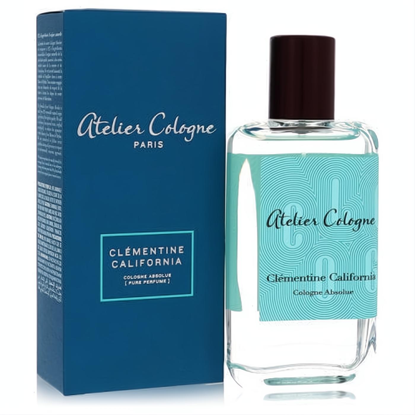 Atelier Cologne Clementine California unisex perfume. Clear glass bottle, teal geometric label, and signature blue box.