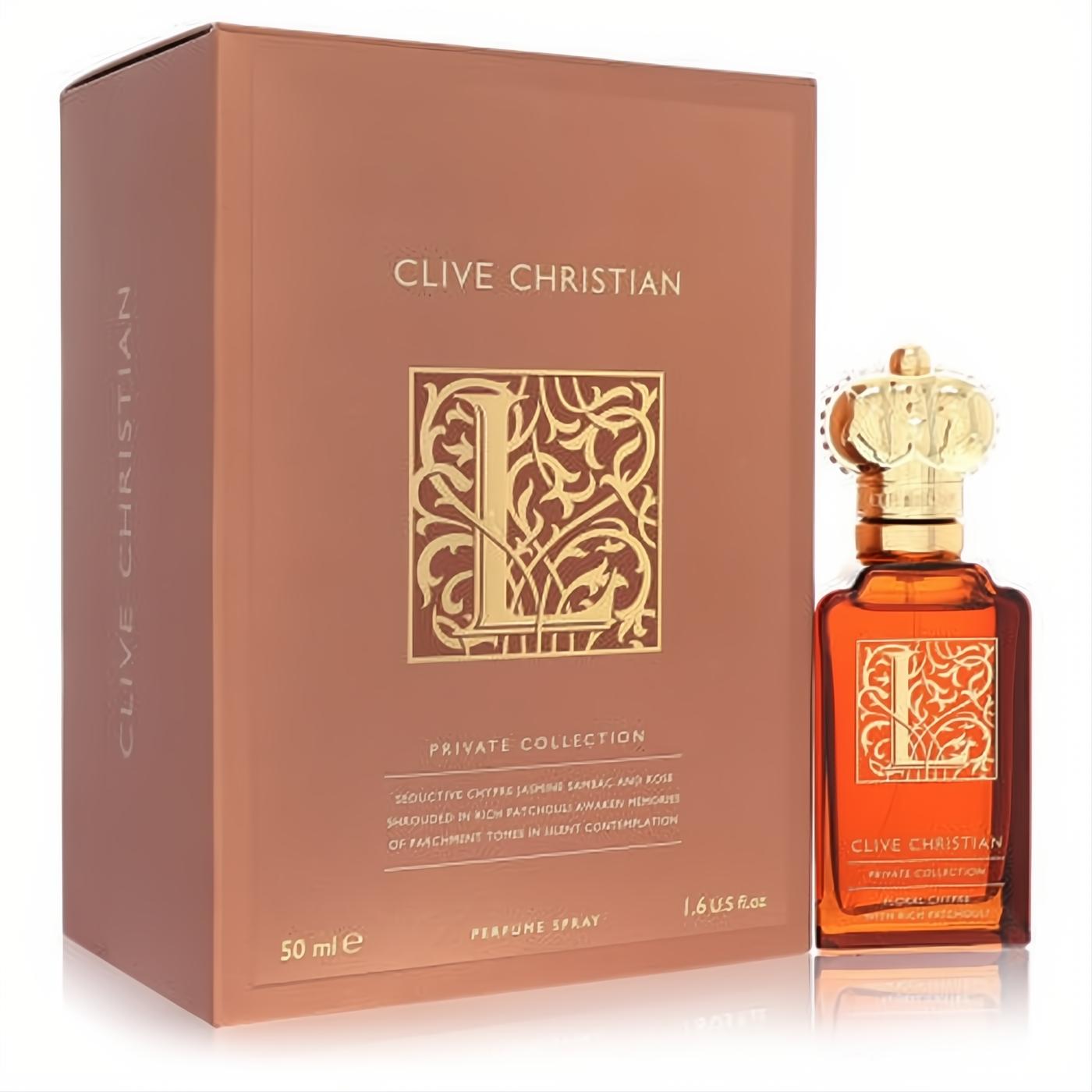 Luxurious Clive Christian L Floral Chypre 1.6 oz EDP with rich amber liquid, ornate gold crown cap, and elegant "L" monogram box.