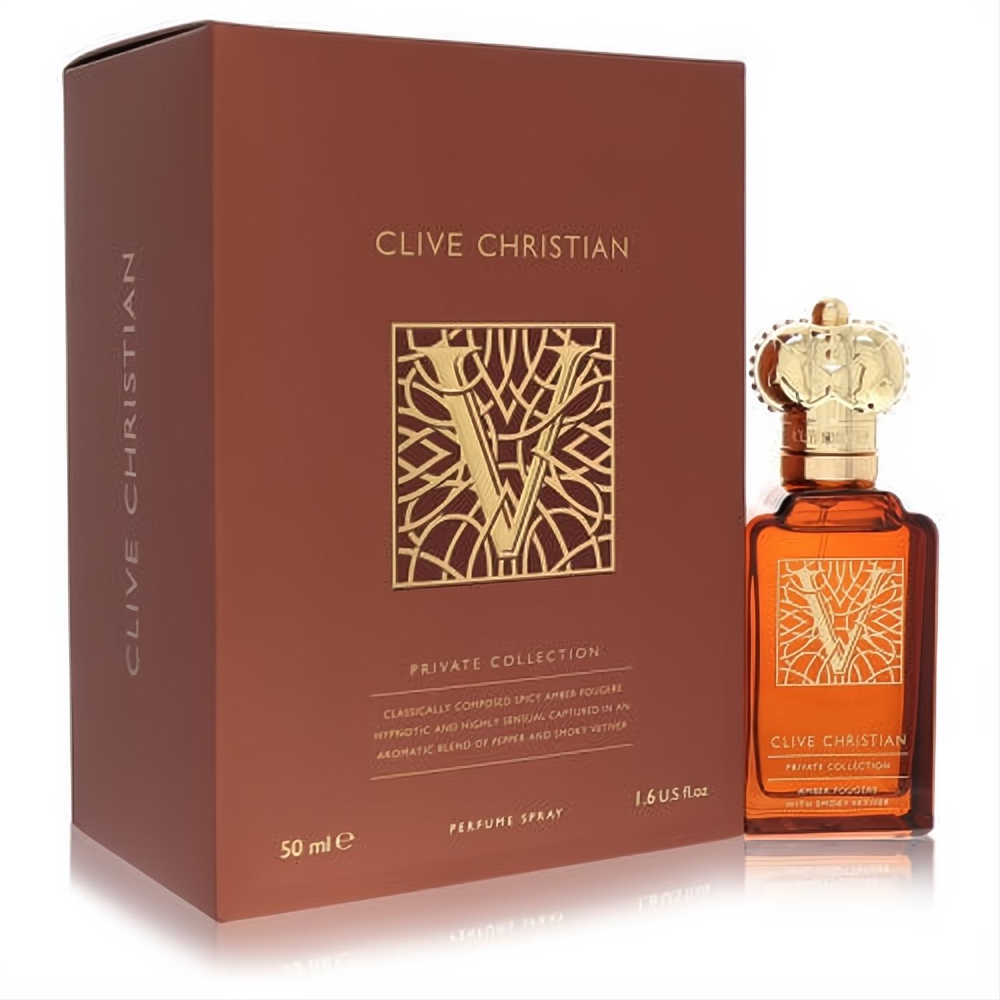 Clive Christian V Amber Fougere 1.6 oz EDP spray. Amber bottle with iconic gold "V" logo, crown cap, and elegant brown box.