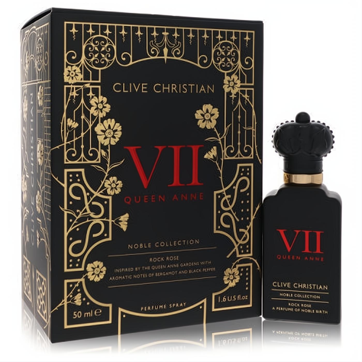 Clive Christian VII Queen Anne Rock Rose 1.6 oz perfume. Black bottle, gold accents, red 'VII', crown cap, and ornate matching box.