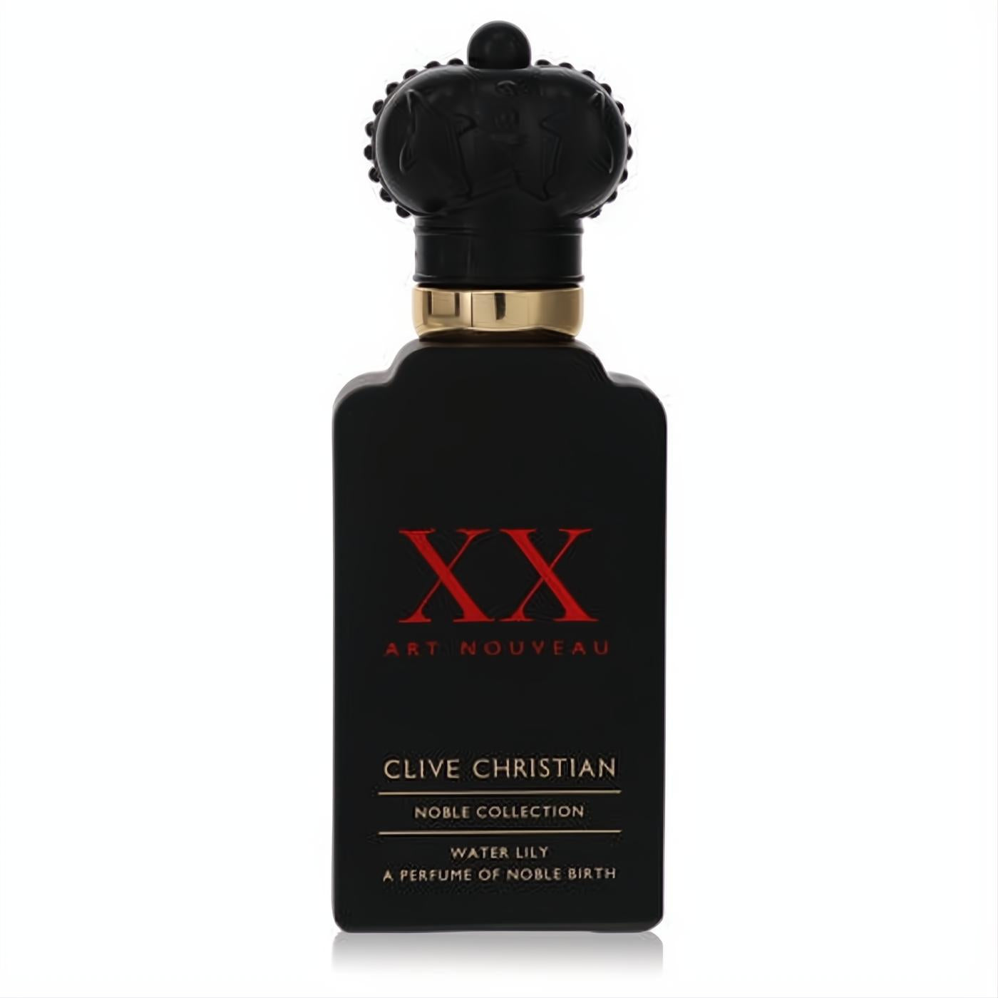 Luxurious Clive Christian XX Art Nouveau Water Lily Eau de Parfum. Matte black bottle, striking red XX, gold neck, and ornate crown cap.