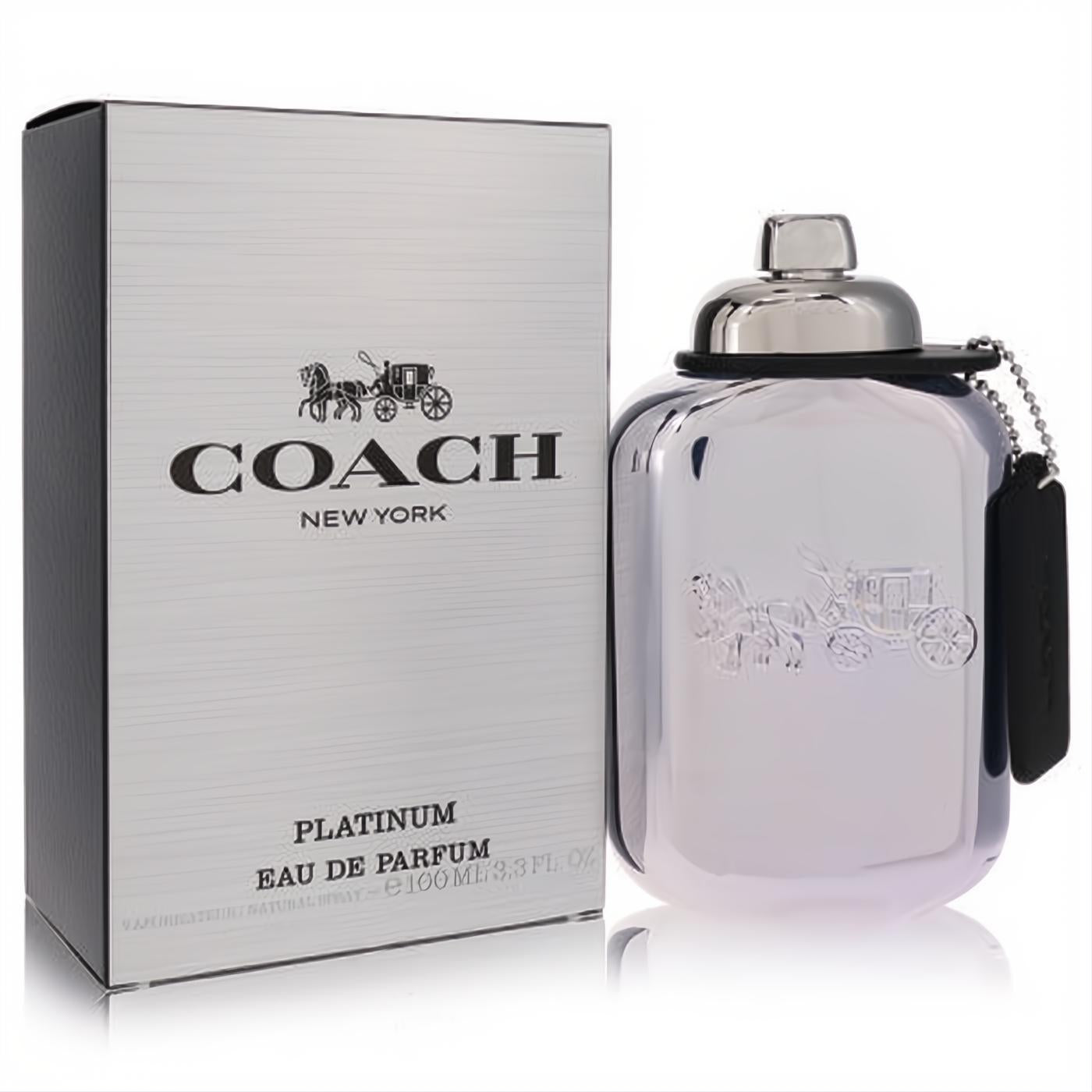 Coach Platinum 3.3 oz men's cologne. Sleek silver bottle with embossed logo, shiny cap, and black leather tag, next to its matching box.