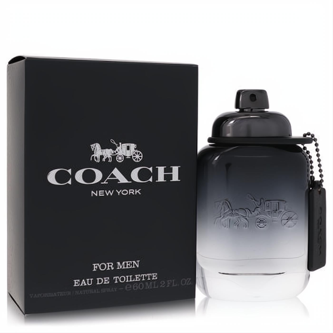 Sophisticated Coach for Men 2 oz EDT spray in a sleek dark grey gradient bottle with embossed carriage logo, and elegant matte black box.
