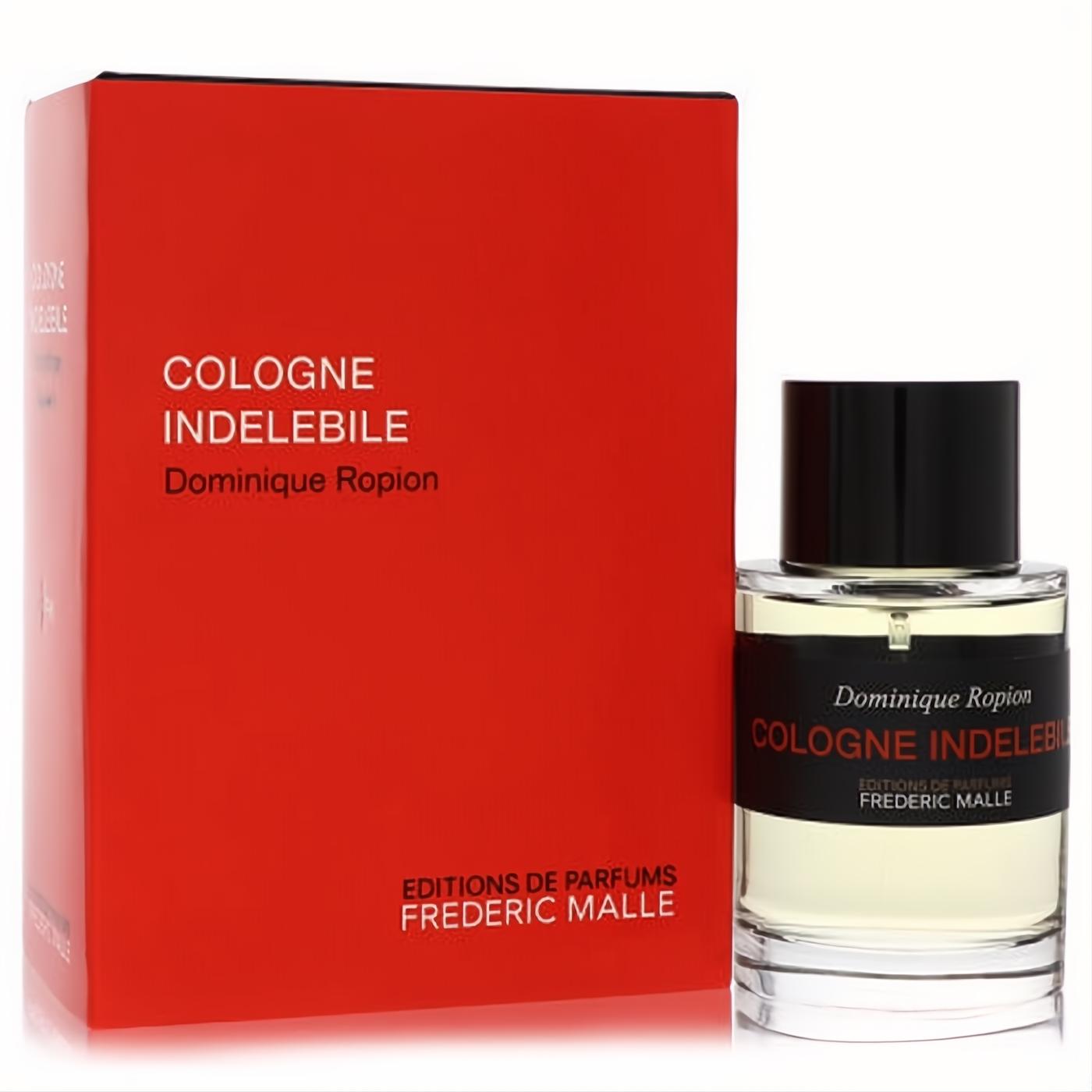 Frederic Malle Cologne Indelebile 3.4 oz EDP in a clear glass bottle with light amber liquid, black cap, and bold red box.