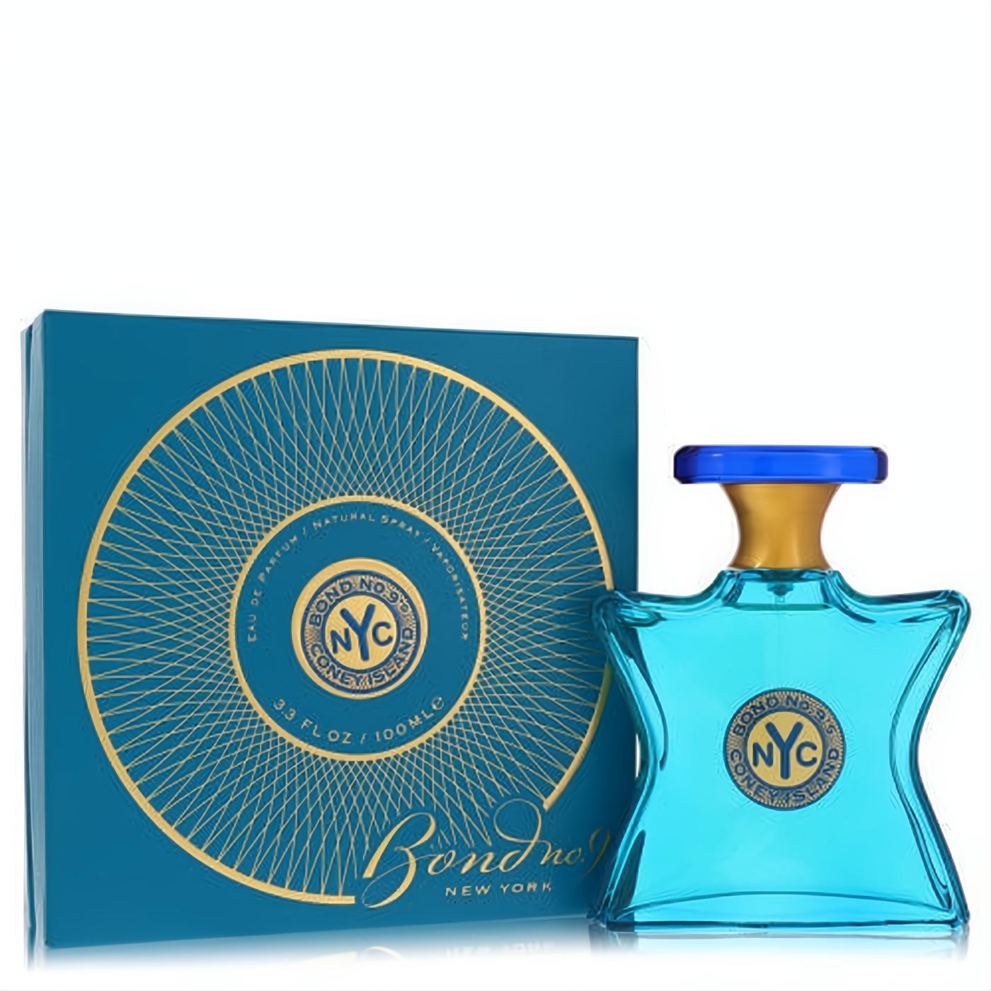 Bold turquoise Bond No. 9 Coney Island 3.3 oz Eau De Parfum bottle, featuring a blue cap and gold neck, with its stylish teal box.