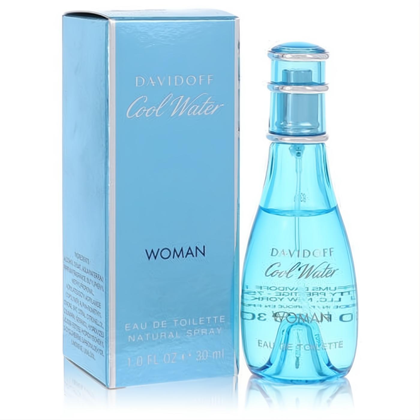 Davidoff Cool Water Woman 1 oz EDT. Sleek light blue glass bottle & matching box, evoking a fresh, captivating scent.