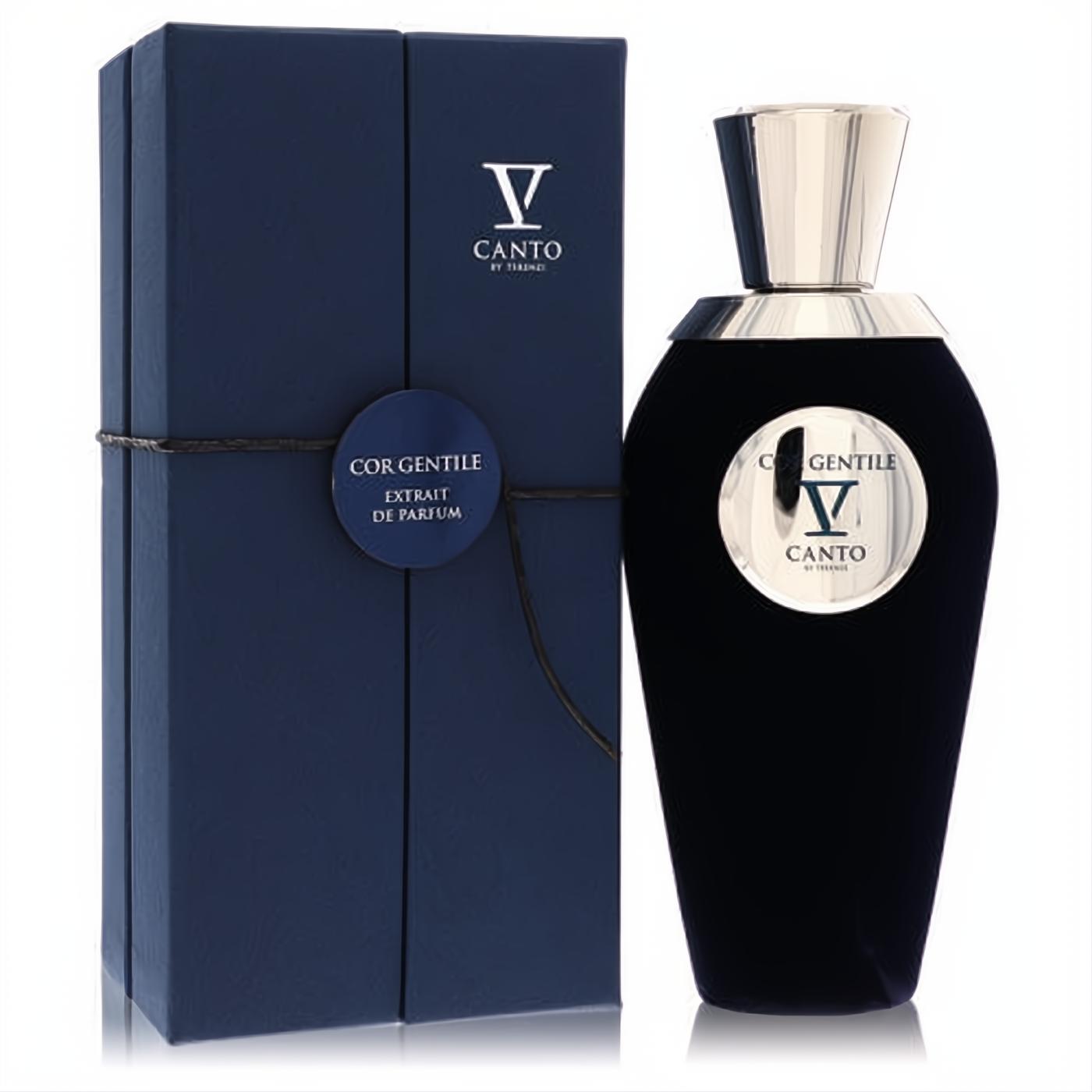 Exquisite V Canto Cor Gentile V 3.38 oz extrait de parfum. Deep blue velvet bottle with a sleek silver cap and elegant matching box.