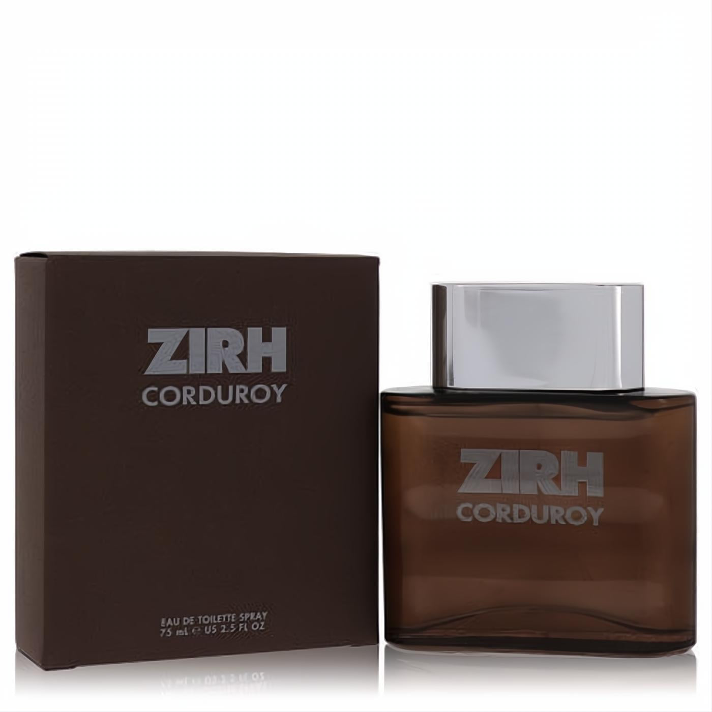Zirh Corduroy men's fragrance, 2.5 oz. Elegant dark brown glass bottle and matching box with a sleek silver cap.