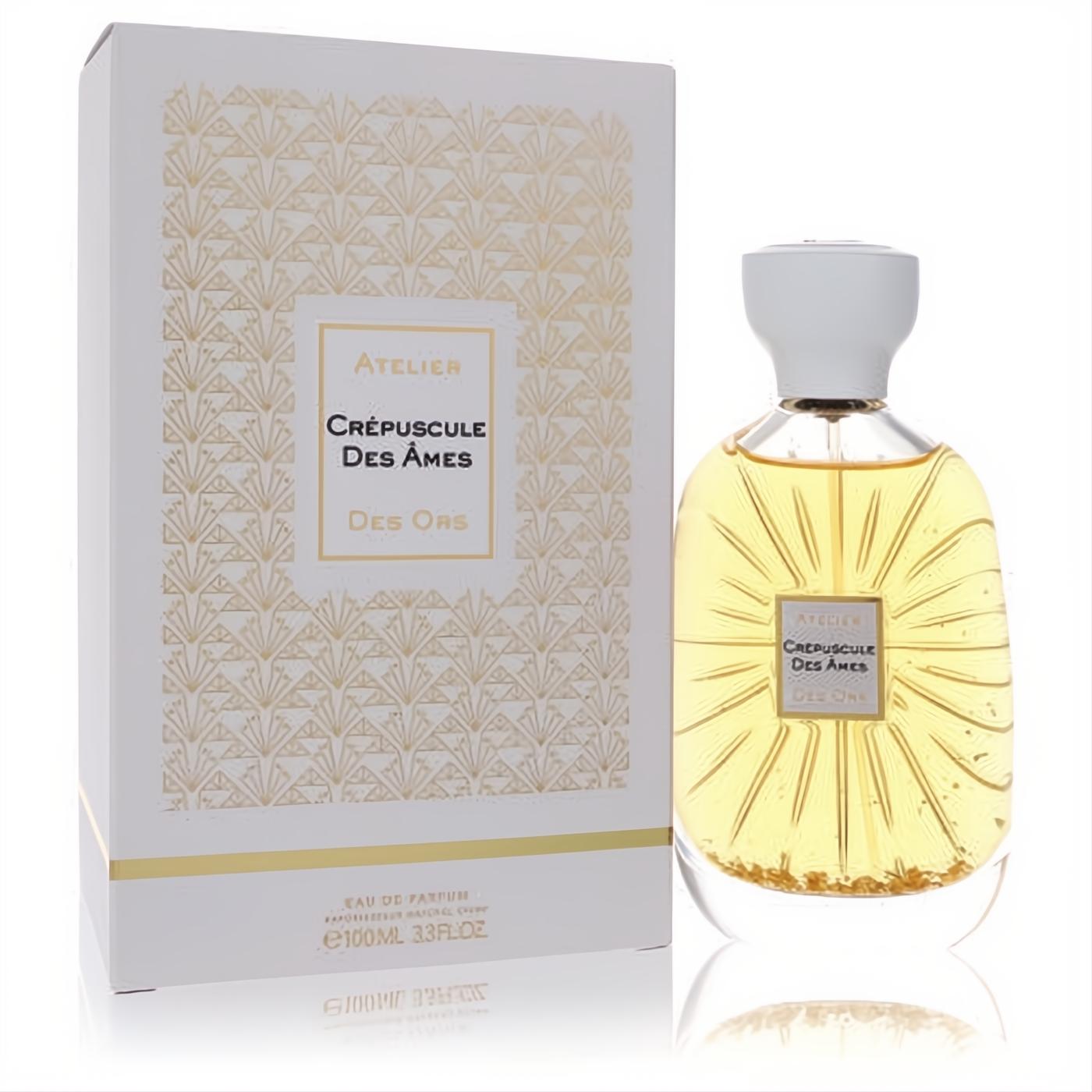 Atelier Des Ors Crepuscule Des Ames 3.3 oz unisex EDP. Golden liquid in a clear sunburst bottle, elegant white & gold Art Deco box.