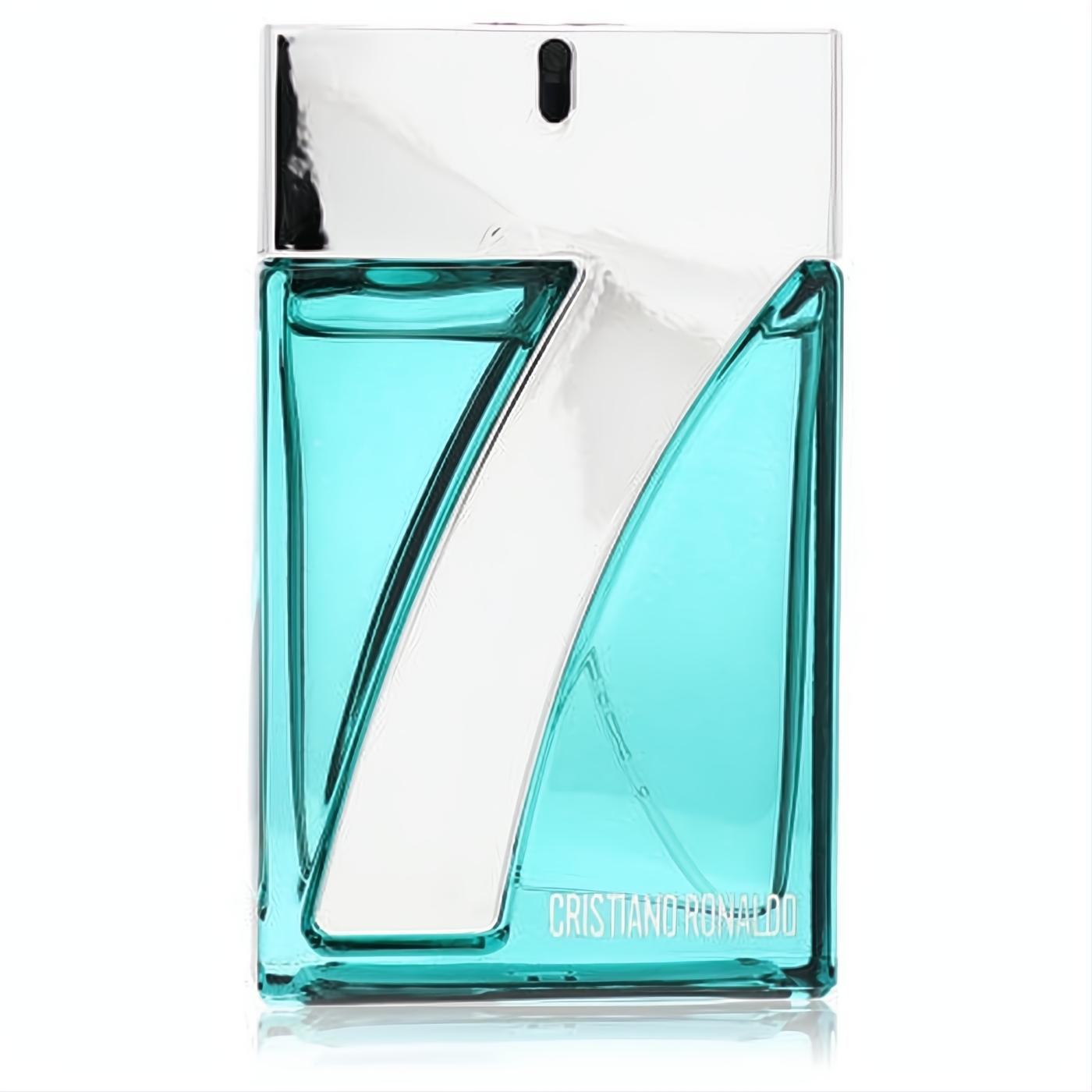 CR7 Origins men's cologne: striking aqua blue glass bottle with a modern silver cap and bold white angular design. Elevate your scent.