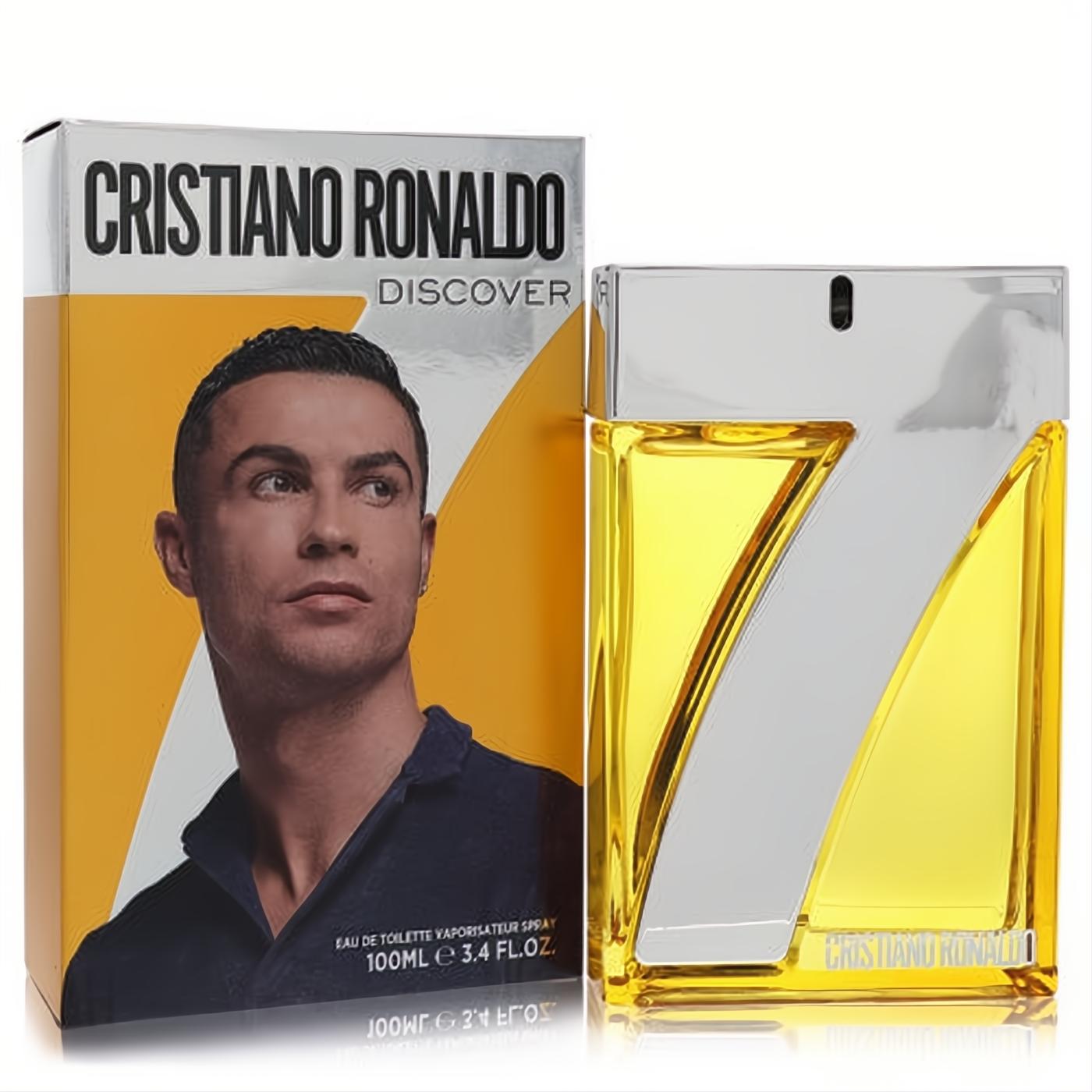 Experience Cristiano Ronaldo Discover 3.4 oz EDT. Bold yellow bottle with silver '7' design, next to the box featuring Ronaldo.