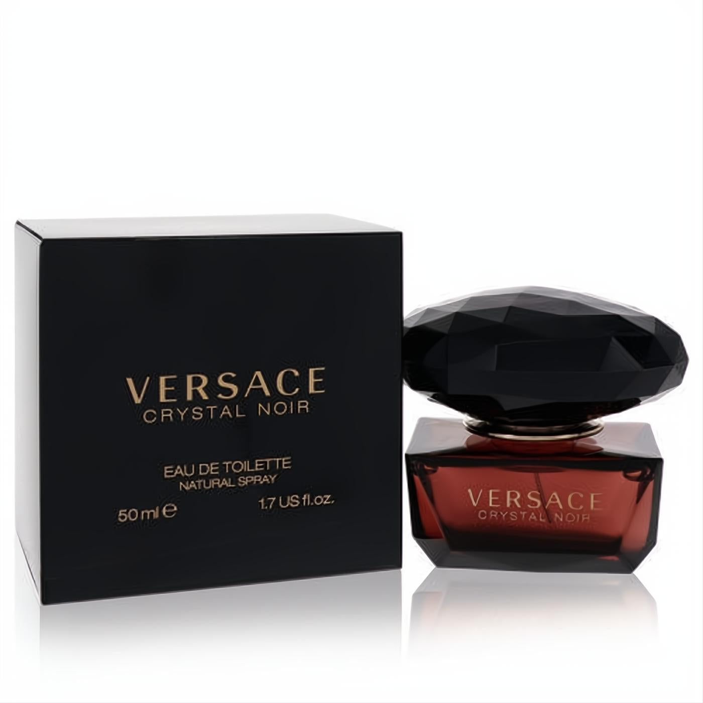 Luxurious Versace Crystal Noir 1.7 oz EDT spray, featuring a rich dark amber bottle with a striking faceted black cap and elegant black packaging.