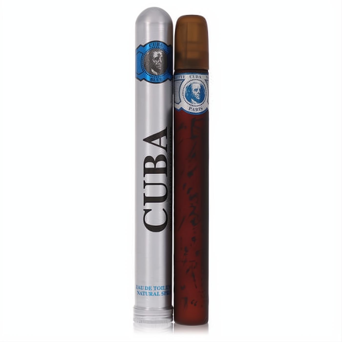 Distinctive Cuba Blue men's cologne: a dark brown cigar-shaped bottle with blue label, presented in a sleek silver case.