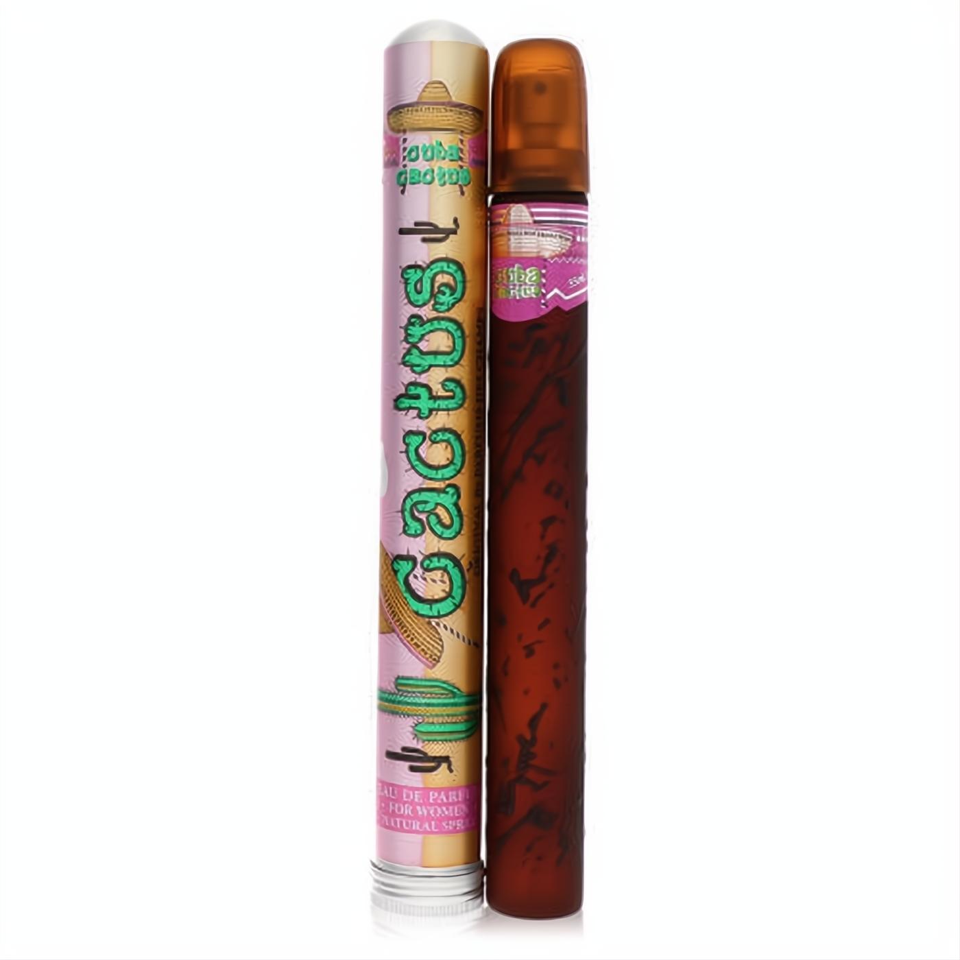 Experience Cuba Cactus 1.17 oz women's perfume: vibrant pink tube with cactus art, housing a sleek, dark brown cigar-shaped spray bottle.